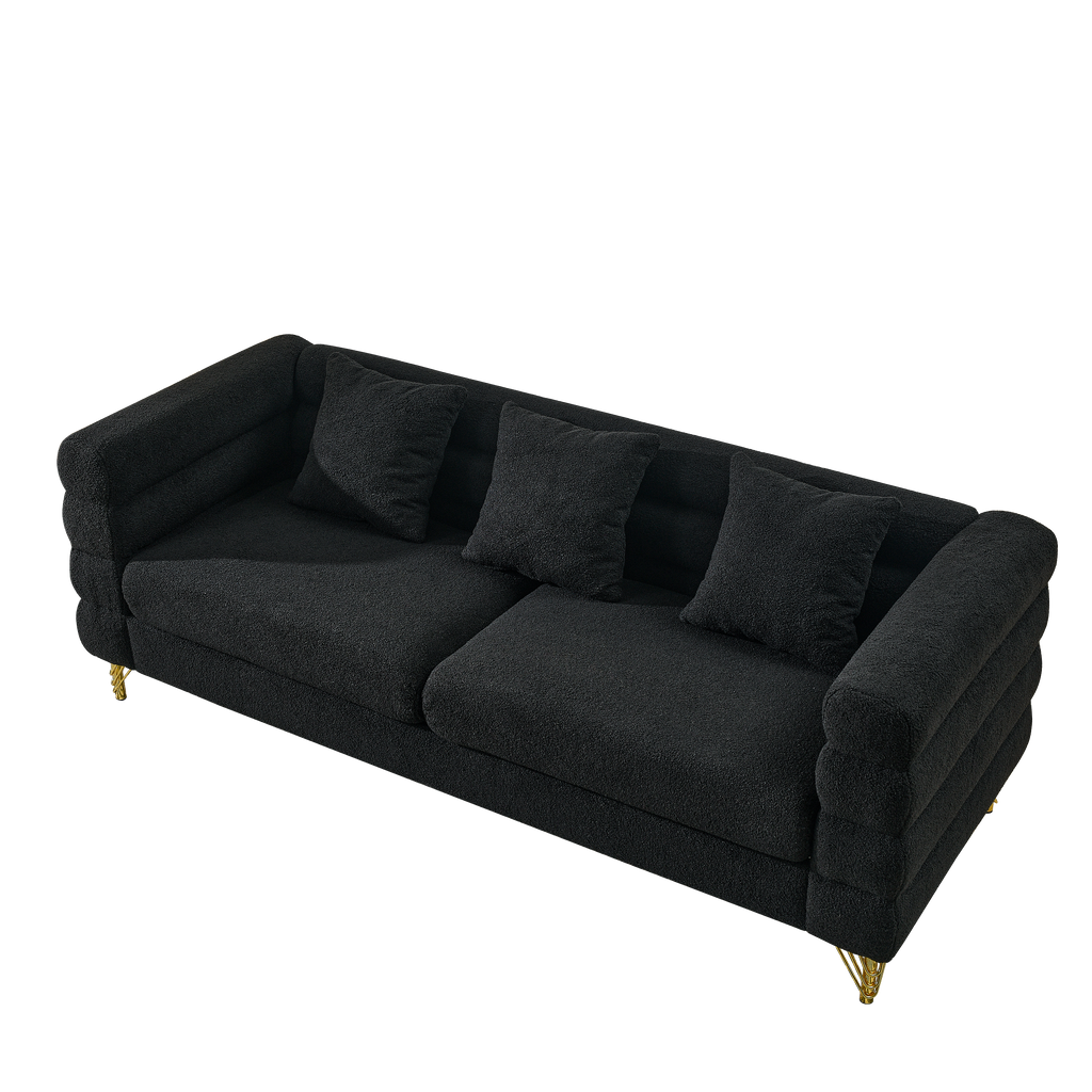81 Inch Oversized 3 Seater Sectional Sofa, Living Room Comfort Fabric Sectional Sofe-Deep Seating Sectional Sofa, Soft Sitting with 3 Pillows for Living Room,Bedroom,Office, Black teddy(W834S00035)