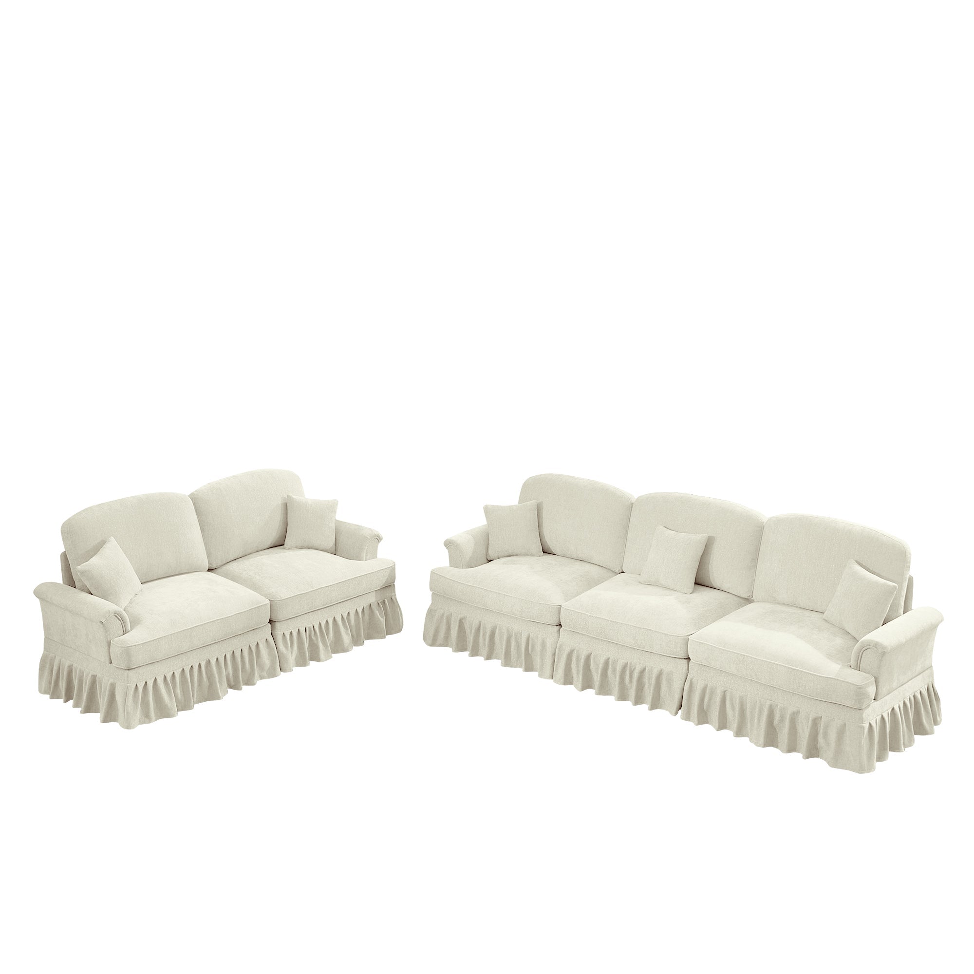 Classic 2 Piece Modular Couch Living Room Sofa Set with Flared Arms and Removable Ruffles Pleats Skirts and Spindle Legs, 3 Seater Sofa + 2-Seat Loveseat Sofa Sets for Living Room, Beige White