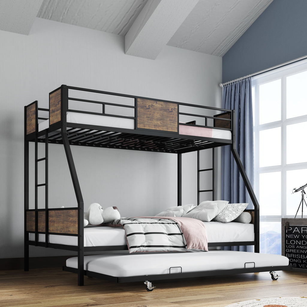 Twin Over Full Bunk Beds with Trundle, Metal Bunk Bed Frame with Safety Guardrail and 2 Ladder for Kids,Sturdy Metal Frame and Protective Board Supports, No Box Spring Needed, Easy Assembly