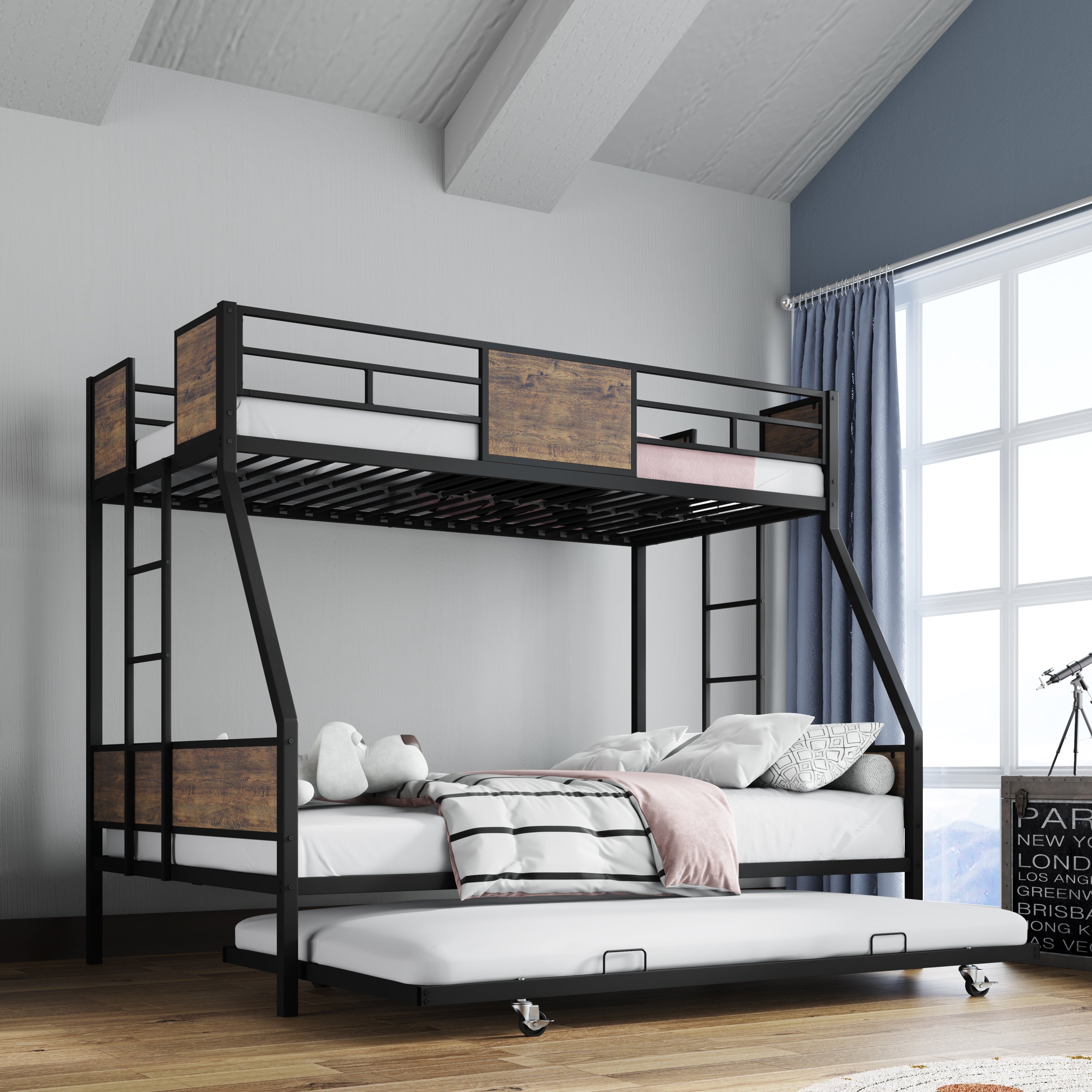 Twin Over Full Bunk Beds with Trundle, Metal Bunk Bed Frame with Safety Guardrail and 2 Ladder for Kids,Sturdy Metal Frame and Protective Board Supports, No Box Spring Needed, Easy Assembly
