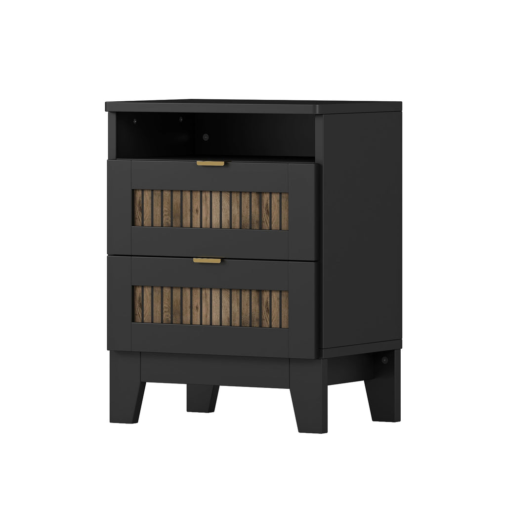 4-Pieces Bedroom Sets, Queen Size Farmhouse Platform Bed with Wooden Strip Stickers Decoration, Storage Nightstand and Dresser with Metal Handle, Black(Old SKU: HL000191AAB)