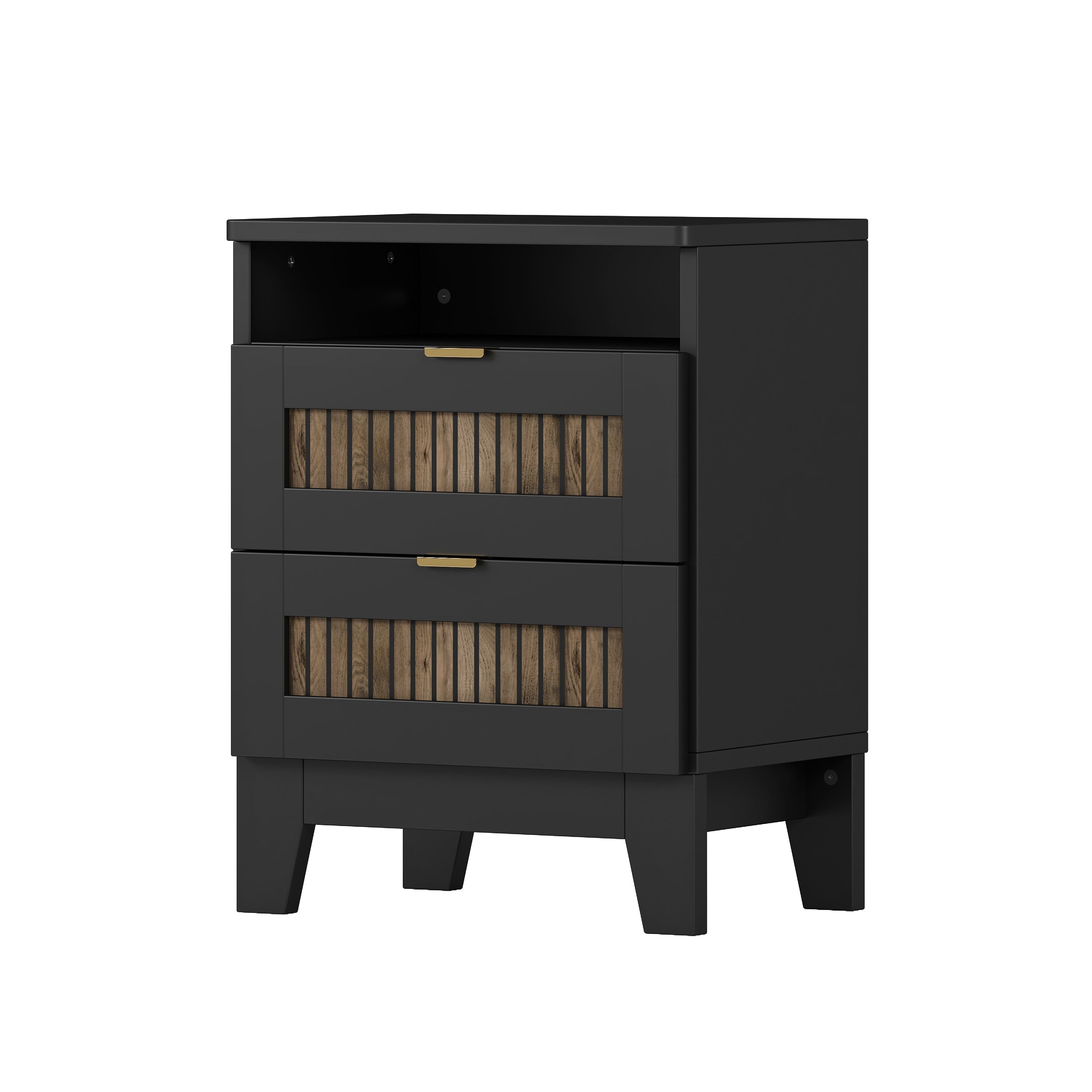 4-Pieces Bedroom Sets, Queen Size Farmhouse Platform Bed with Wooden Strip Stickers Decoration, Storage Nightstand and Dresser with Metal Handle, Black(Old SKU: HL000191AAB)