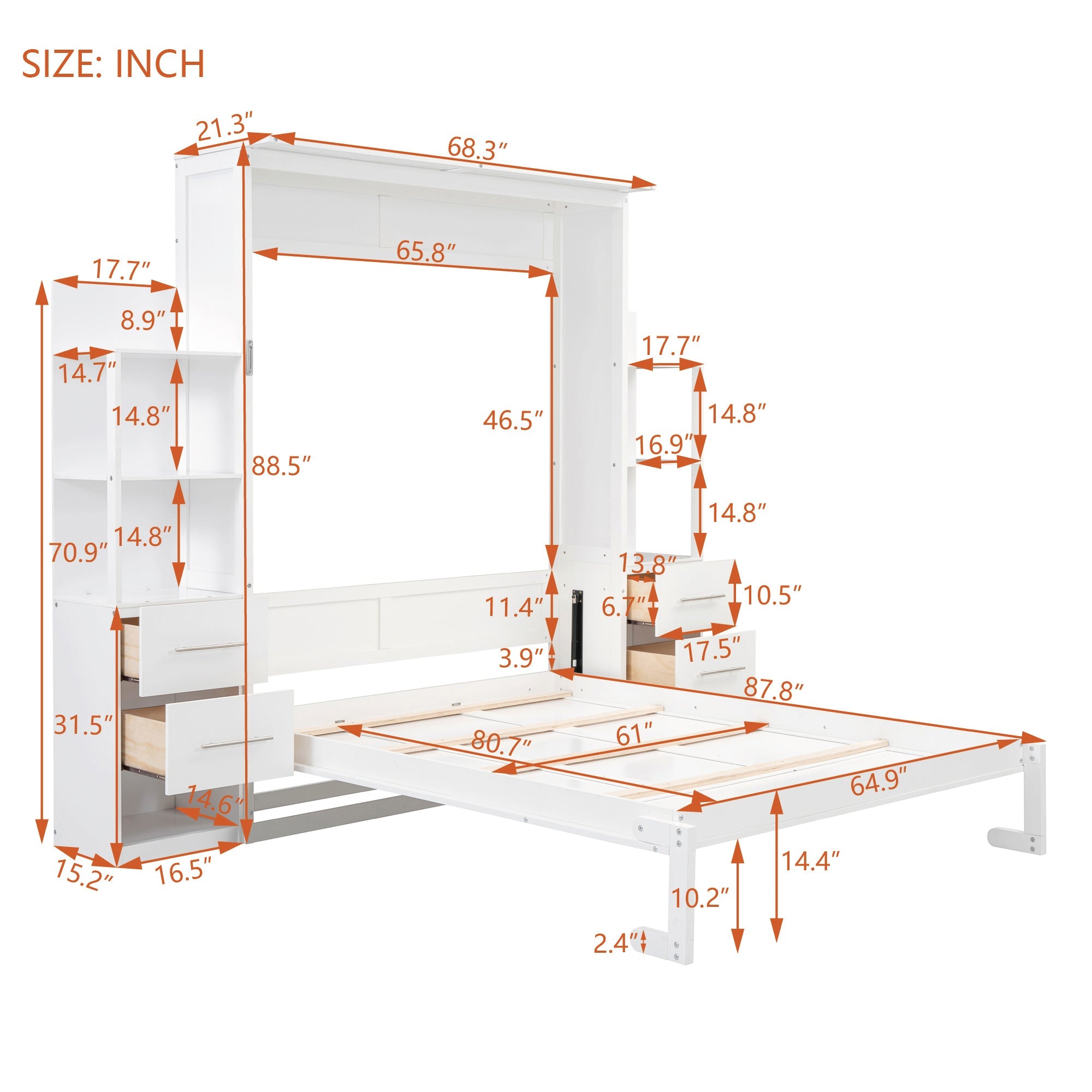 Queen Size Murphy Bed Wall Bed with Shelves, Drawers and LED Lights,White(OLD SKU:LP000566AAK-1)