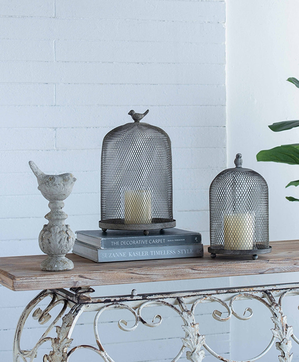 Set of 2 Ophira Sparrow Antique Gray Mesh Candle Holders, L: D8.5x13'  S: D7x10'