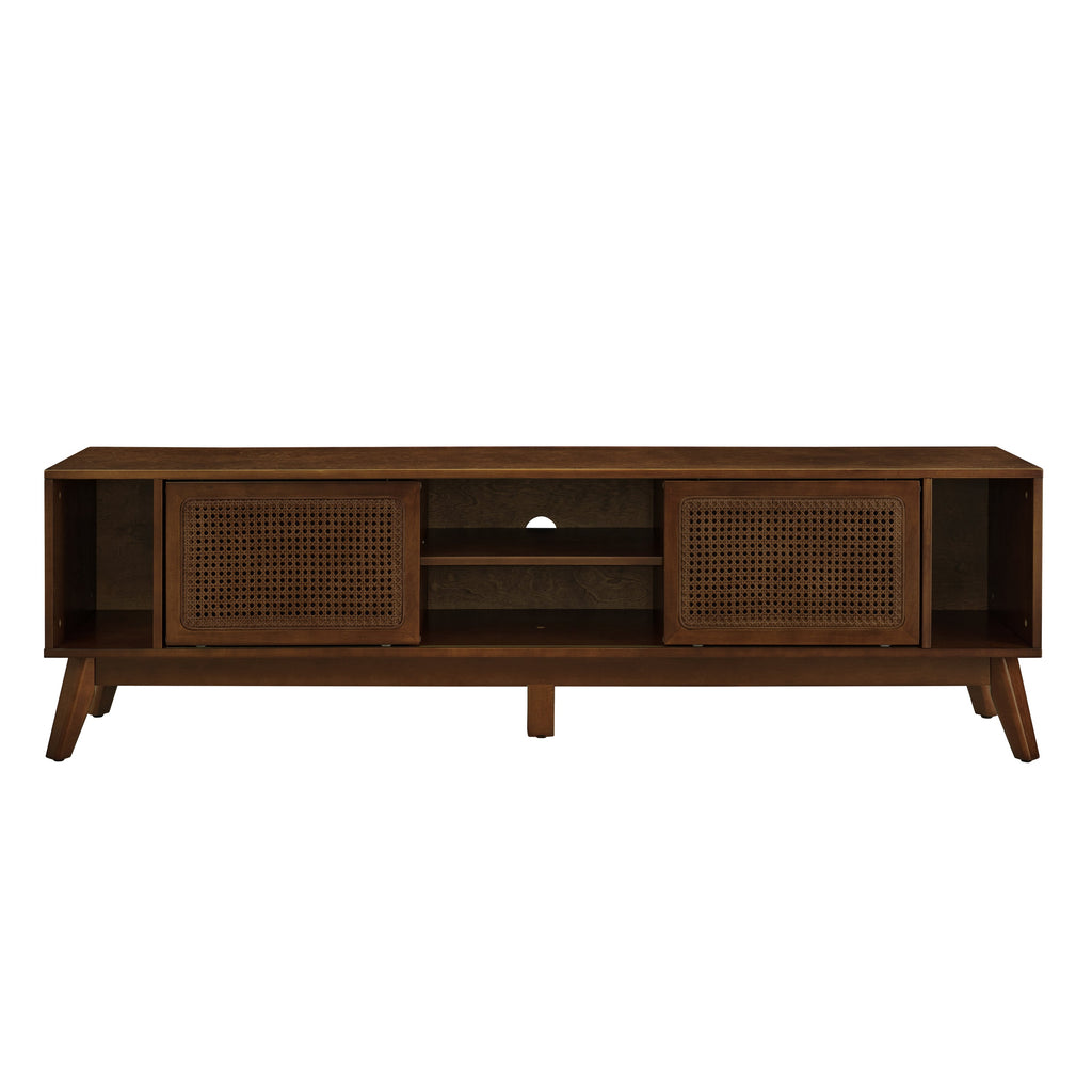 67.9 Inch Mid Century Modern Rattan TV Stand for TVs up to 75', Entertainment Cabinet, Media Console for Living Room Media Room, Solid Wood Feet & Rattan Cabinet Doors - Walnut