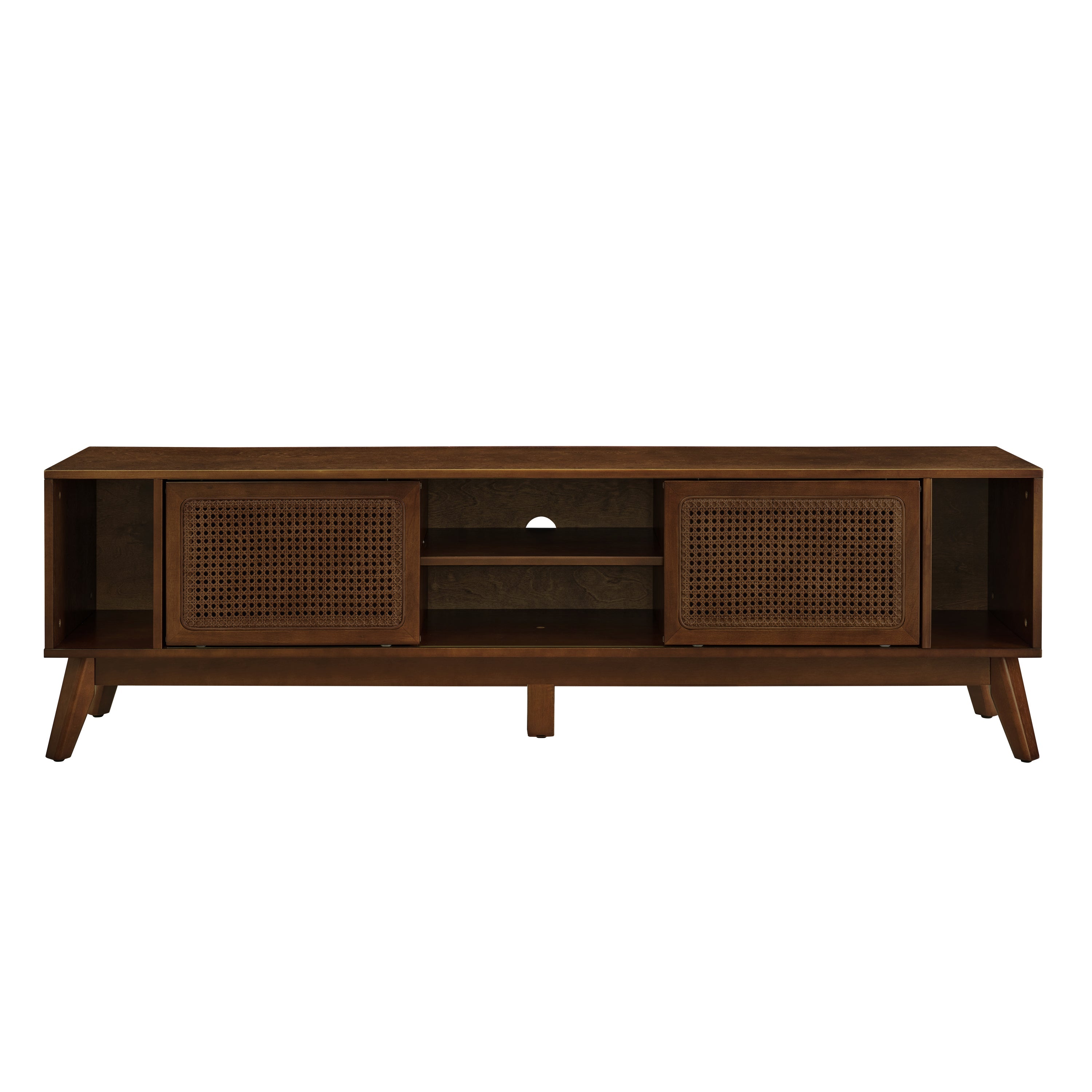 67.9 Inch Mid Century Modern Rattan TV Stand for TVs up to 75', Entertainment Cabinet, Media Console for Living Room Media Room, Solid Wood Feet & Rattan Cabinet Doors - Walnut