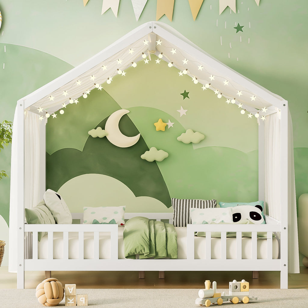 Montessori Floor Bed with Canopy, Full Bed Frame for Kids, House Shape Kids Bed Frame with High Railings, Wood Kids Bed with Roof, Kid Full Bed, White