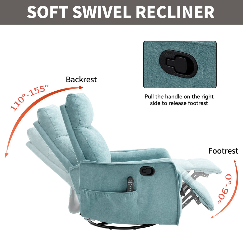Heat Massage Manual Recliner Chair with Rocker and Swivel in Fabric for Living Room, Blue-Green