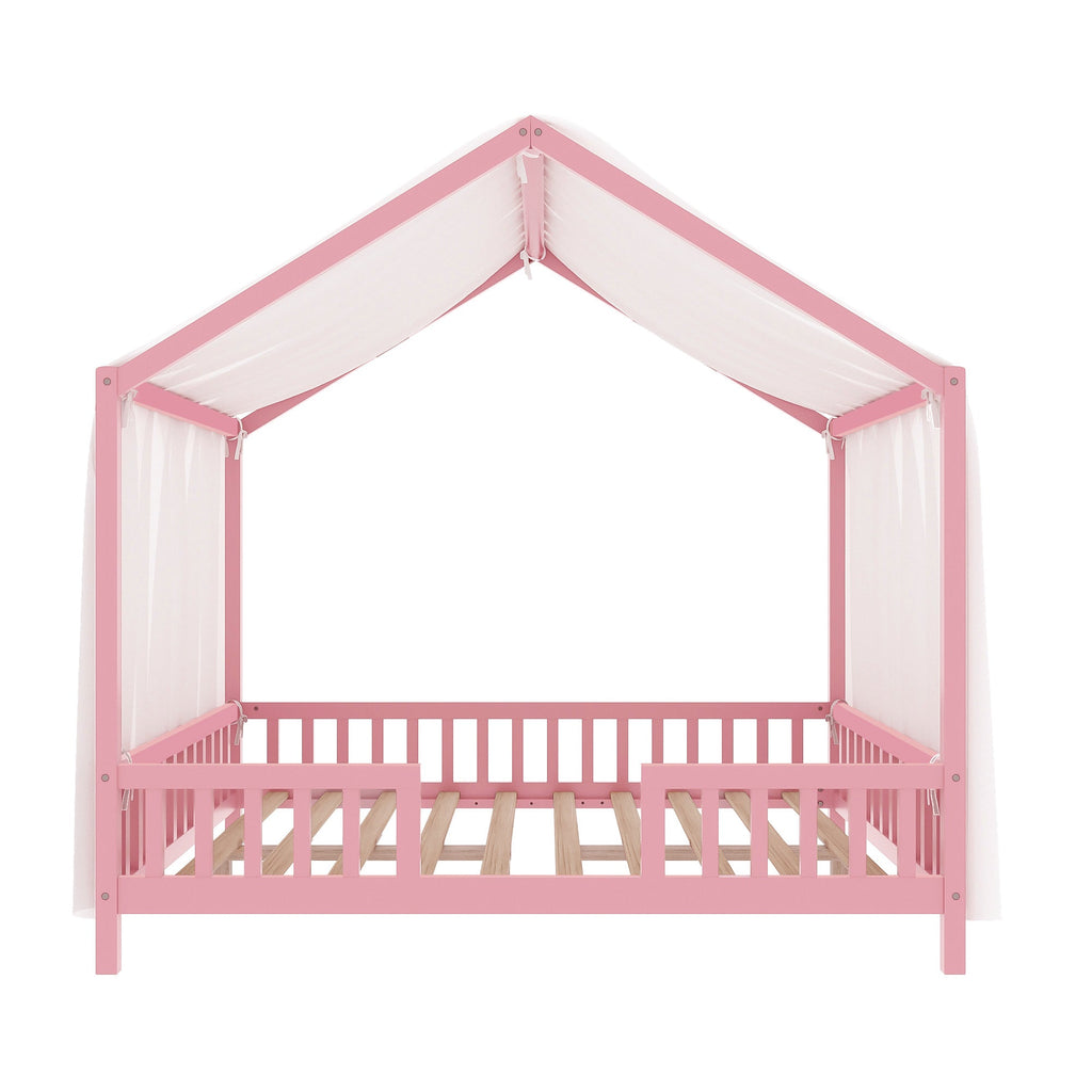 Montessori Floor Bed with Canopy, Full Bed Frame for Kids, House Shape Kids Bed Frame with High Railings, Wood Kids Bed with Roof, Kid Full Bed, Pink