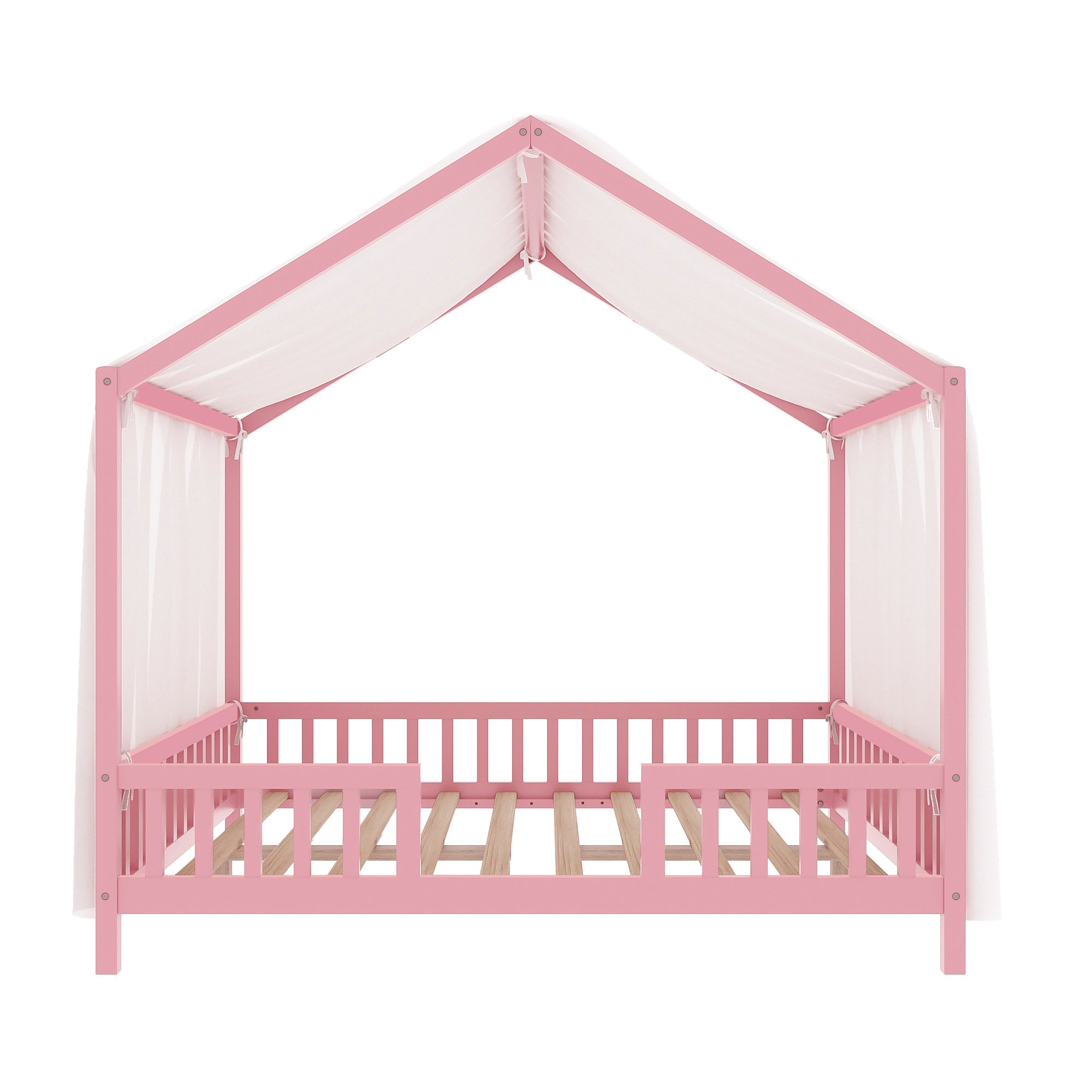 Montessori Floor Bed with Canopy, Full Bed Frame for Kids, House Shape Kids Bed Frame with High Railings, Wood Kids Bed with Roof, Kid Full Bed, Pink
