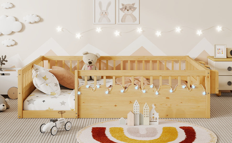 Full Montessori Floor Bed Frame with High Rails, Wood Kids Floor Beds with Light and Storage Shelf, Natural (Expect Arrival Date 2025/8/15)