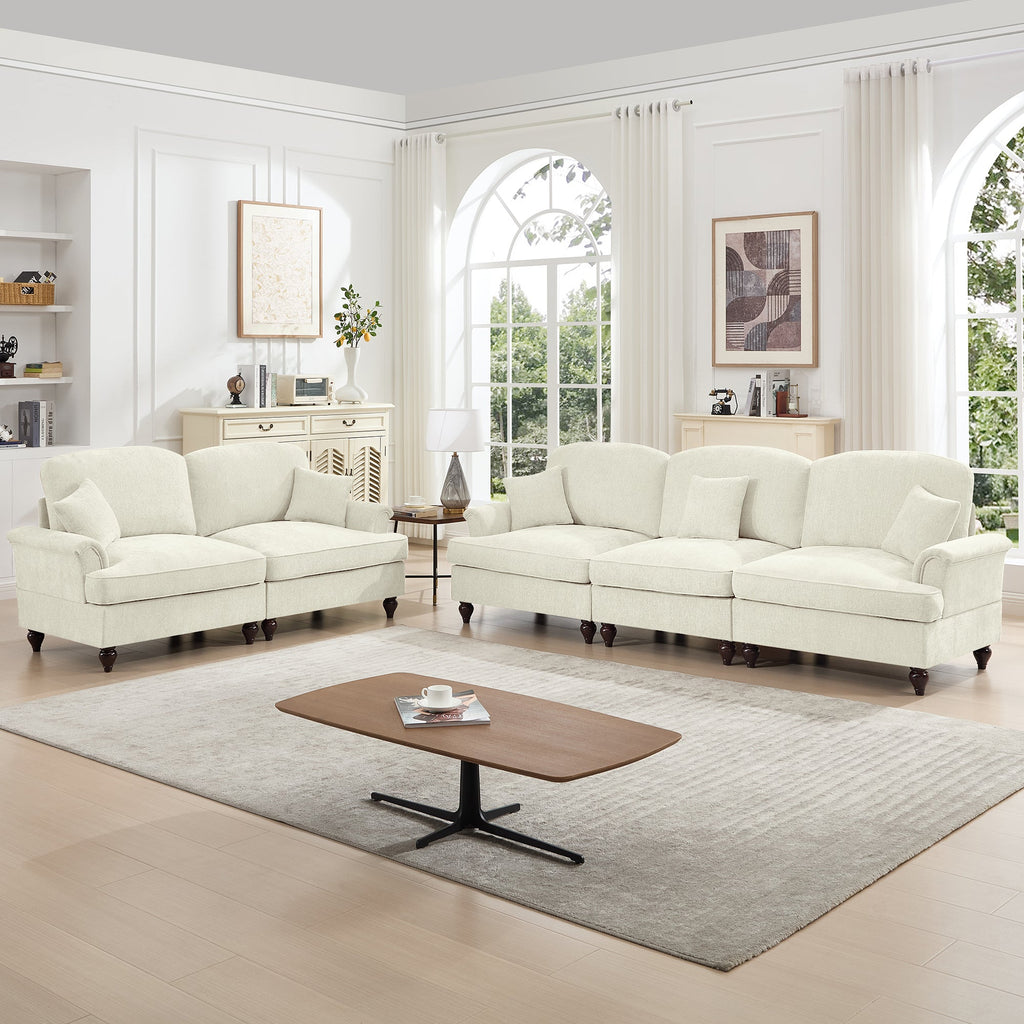 Classic 2 Piece Modular Couch Living Room Sofa Set with Flared Arms and Removable Ruffles Pleats Skirts and Spindle Legs, 3 Seater Sofa + 2-Seat Loveseat Sofa Sets for Living Room, Beige White