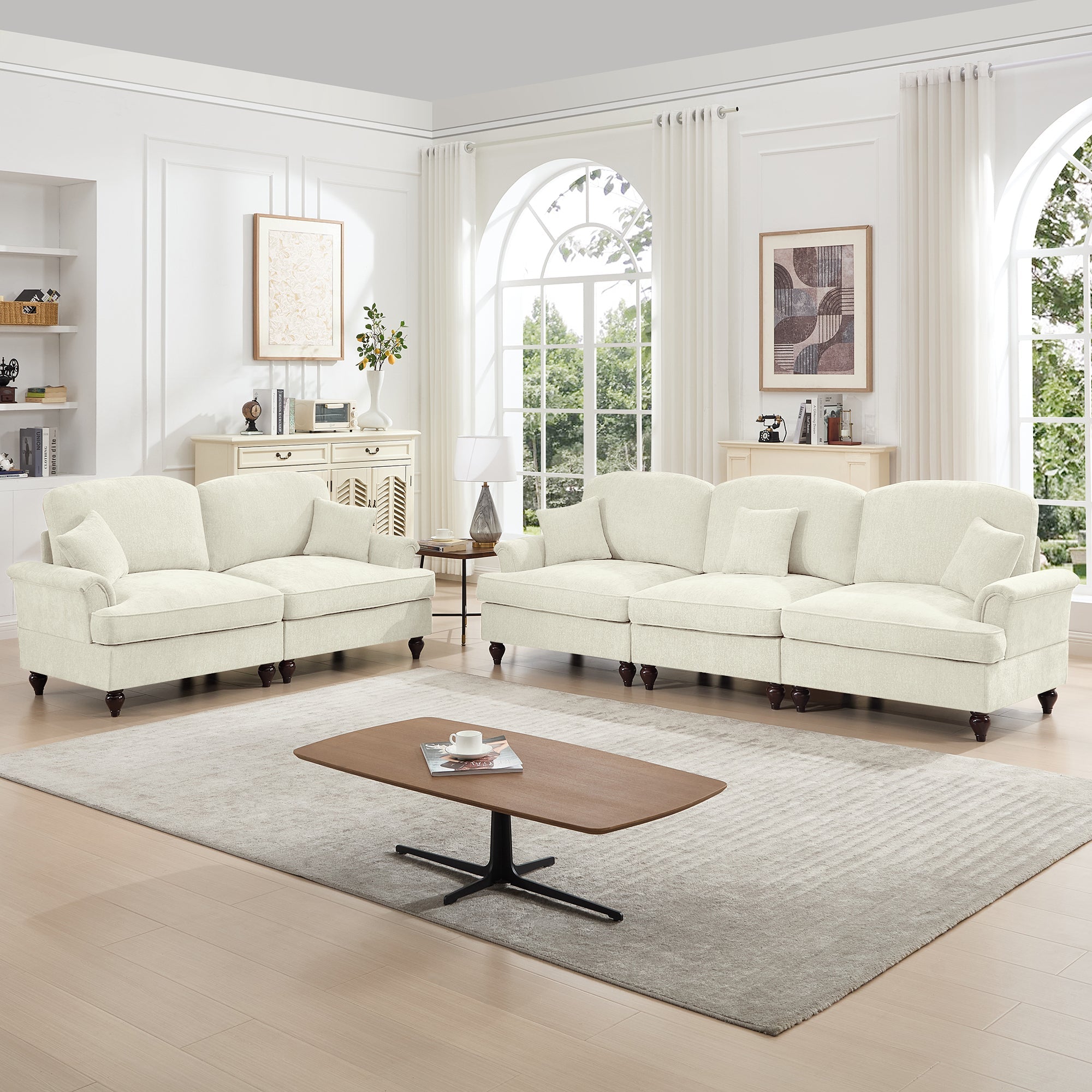 Classic 2 Piece Modular Couch Living Room Sofa Set with Flared Arms and Removable Ruffles Pleats Skirts and Spindle Legs, 3 Seater Sofa + 2-Seat Loveseat Sofa Sets for Living Room, Beige White