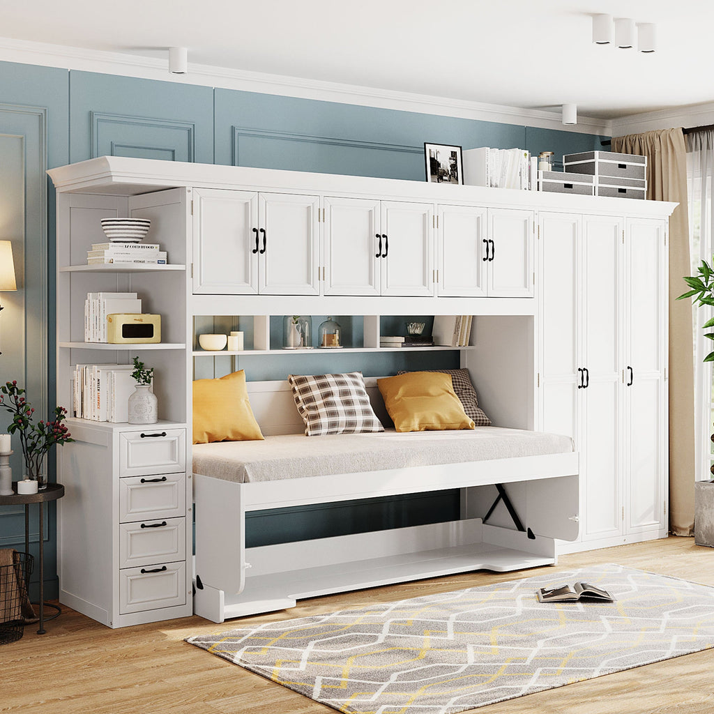 Twin Size Murphy Bed Wall Bed with Wardrobe, Cabinet and Desk, White