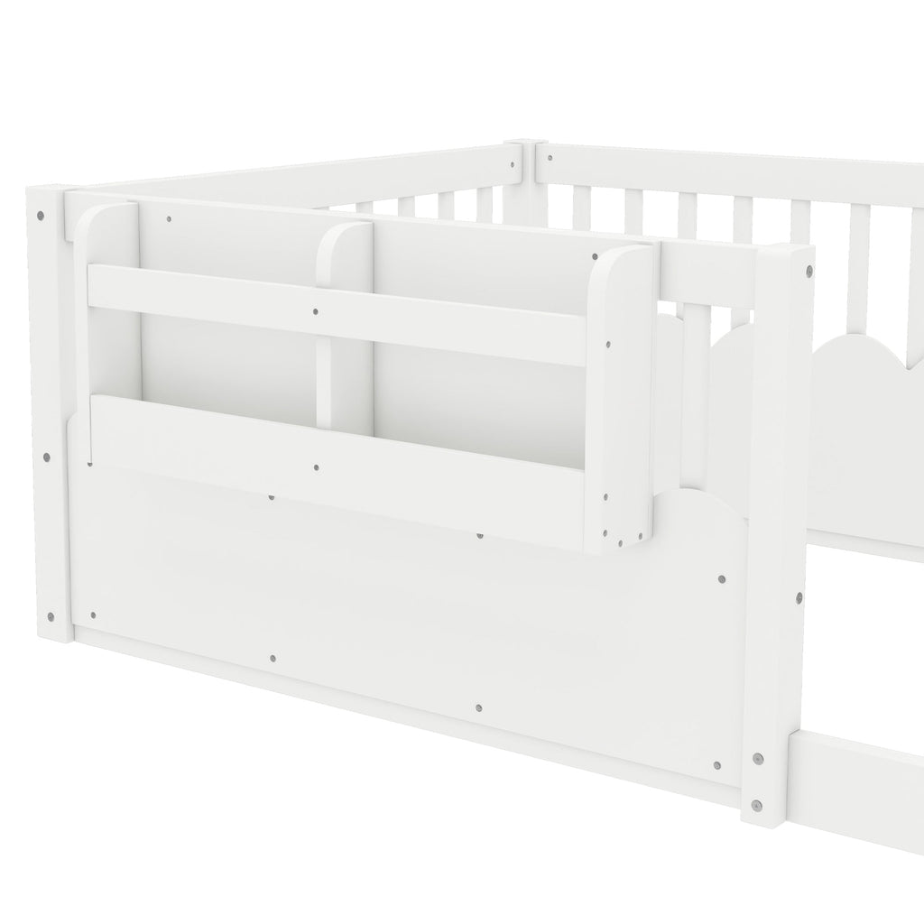 Twin Floor bed with Heightened Fence and bookshelf ,Wood Floor Bed for Kids, White.