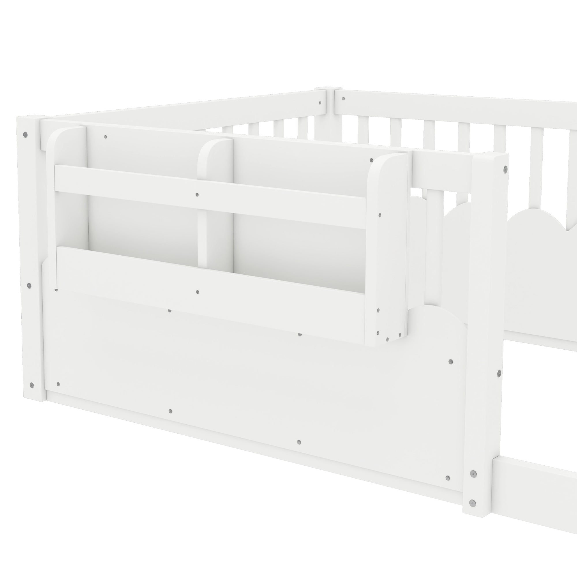 Twin Floor bed with Heightened Fence and bookshelf ,Wood Floor Bed for Kids, White.