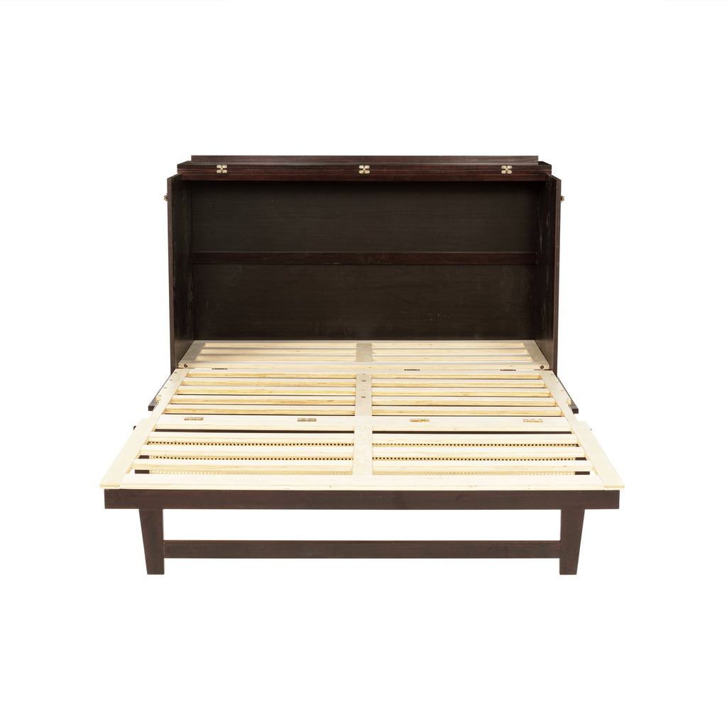 Queen Size Murphy Bed, Pine Wood Cabinet Bed with Rattan Decoration and Storage Drawer,Espresso