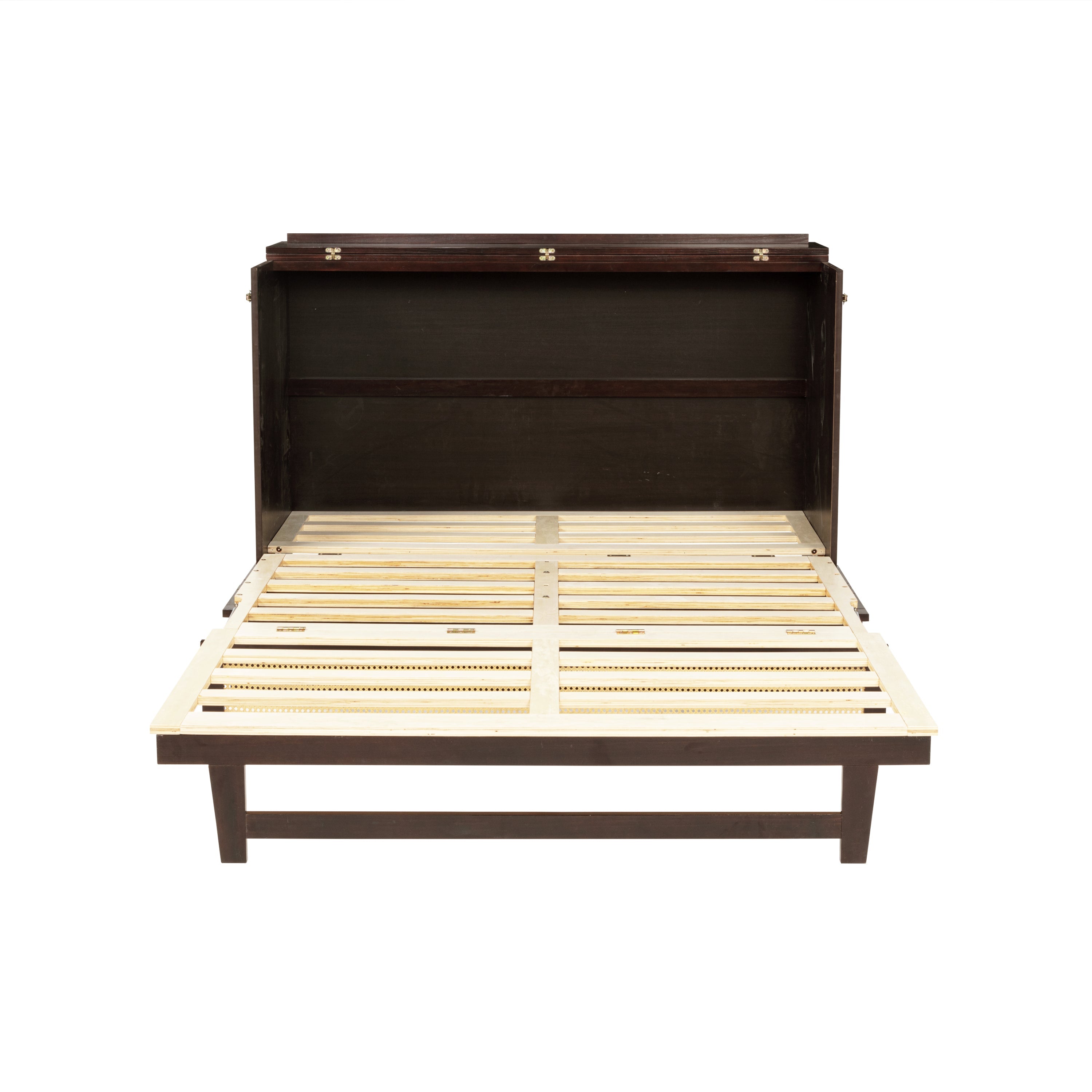 Queen Size Murphy Bed, Pine Wood Cabinet Bed with Rattan Decoration and Storage Drawer,Espresso