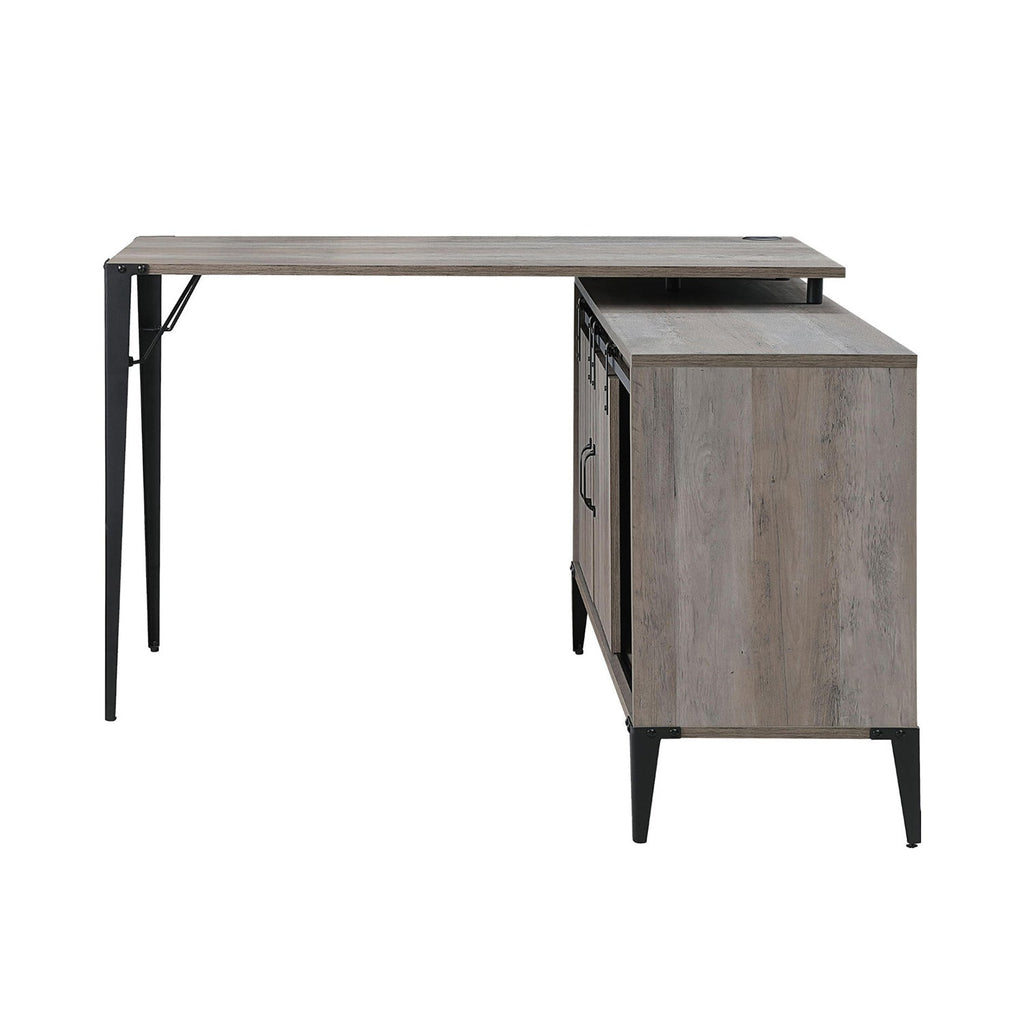 L-Shape Writing Desk with Side Cabinet, Gray Oak and Black