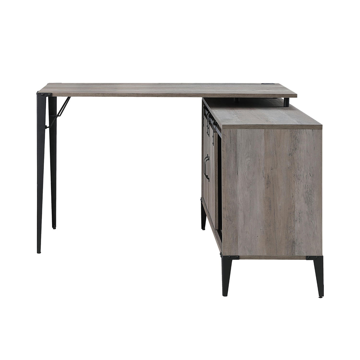 L-Shape Writing Desk with Side Cabinet, Gray Oak and Black
