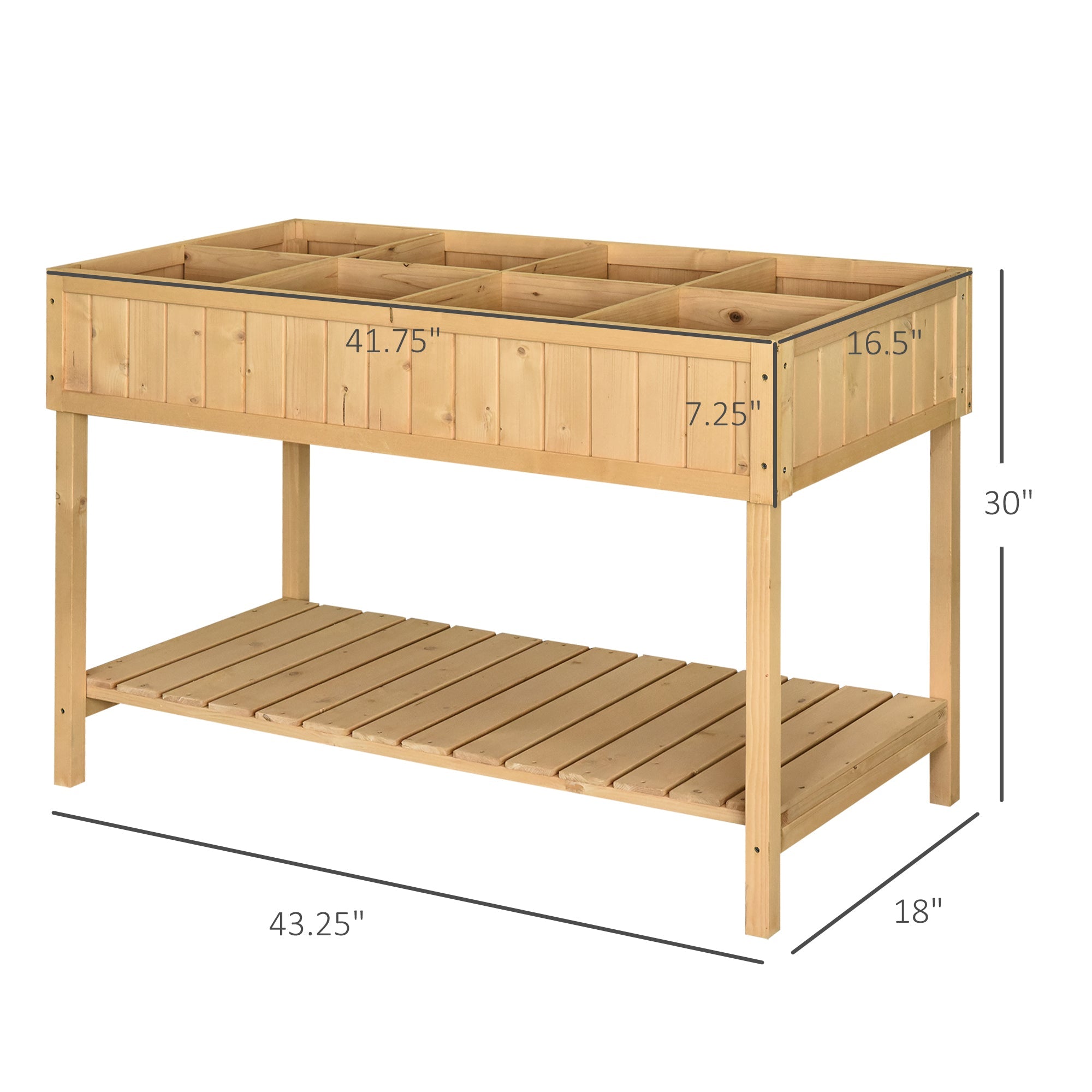 Outsunny 43x18x30in Raised Garden Bed with 8 Pockets and Shelf, Wooden Elevated Planter Box with Legs to Grow Herbs, Vegetables, and Flowers, Natural