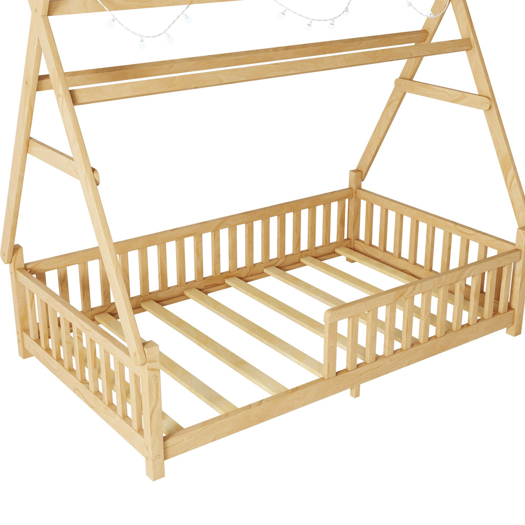 Twin House Bed with Light, Low Floor House Bed with Fence and Roof for Kids Boys Girls,Natural(Expect arrive date 2025/7/20)