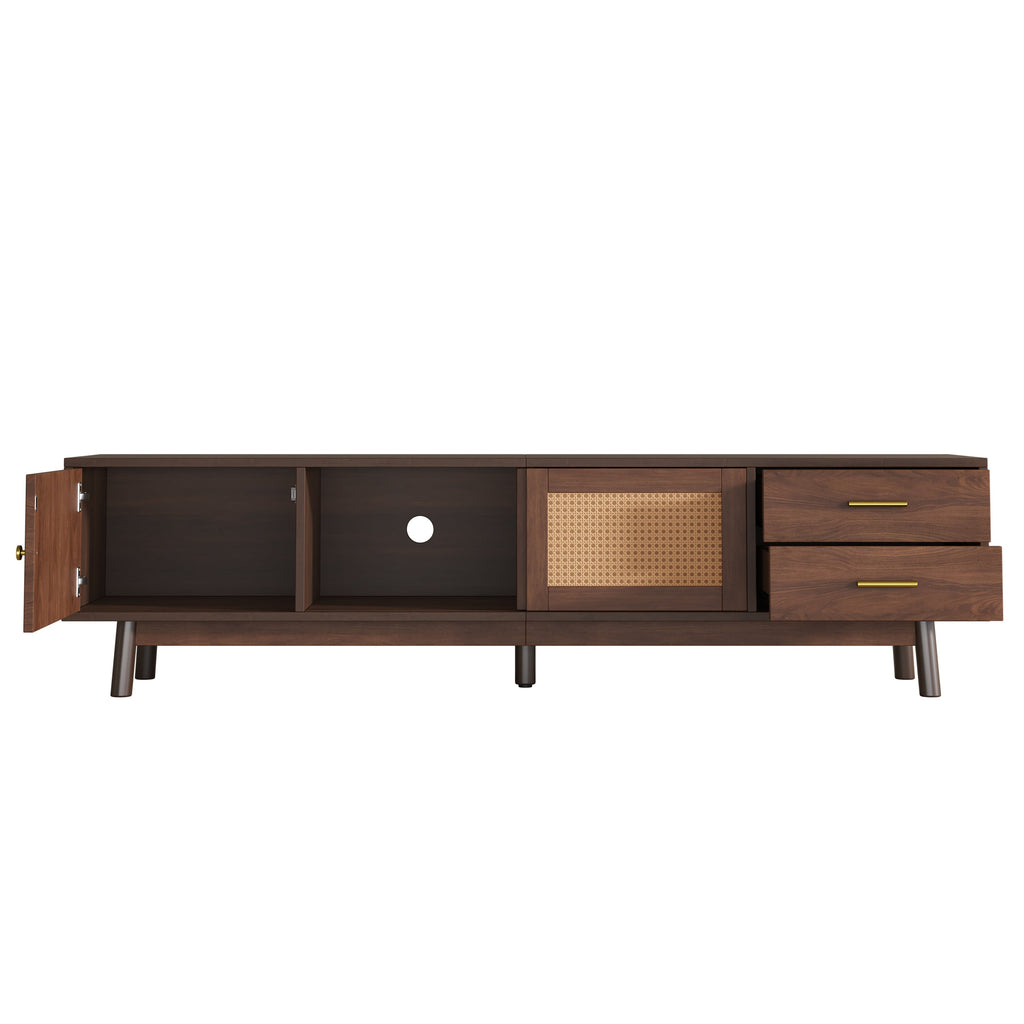 Mid Century Modern TV Stand for 80' TVs, Entertainment Center with Sliding Doors and Drawers, TV Table with Storage for Living Room, Bedroom