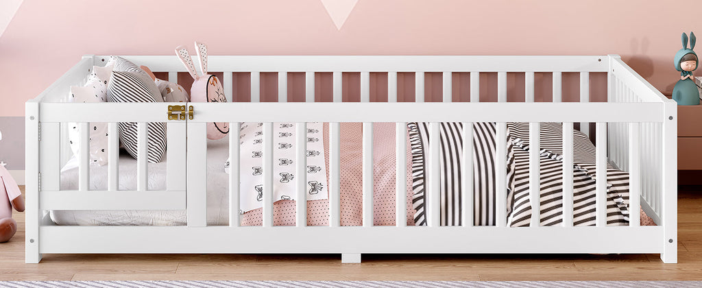 Full Size Bed Floor Bed with Safety Guardrails and Door for Kids, White(Old SKU: W1580P154625)