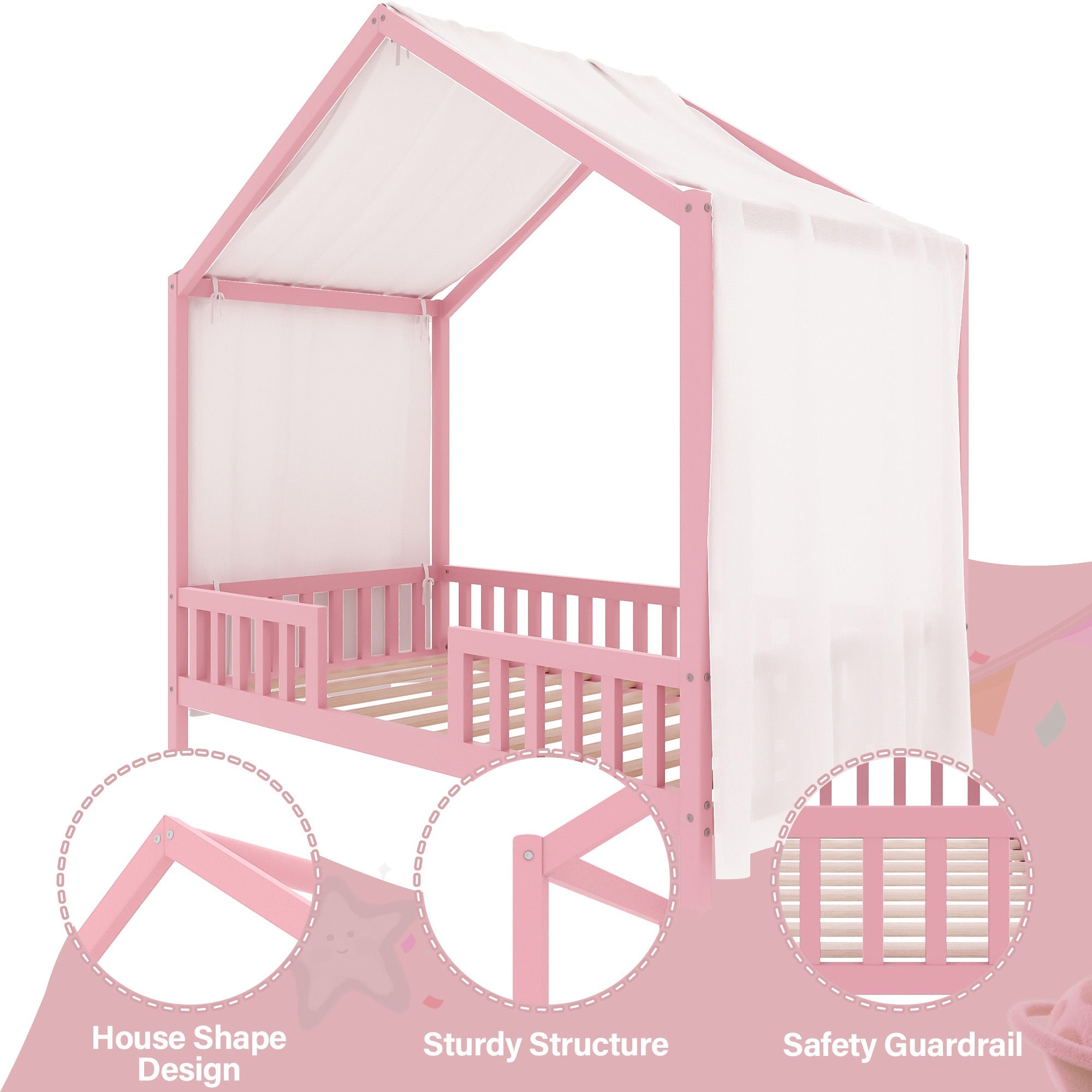 Montessori Floor Bed with Canopy, Twin Bed Frame for Kids, House Shape Kids Bed Frame with High Railings, Wood Kids Bed with Roof, Kid Twin Bed, Pink