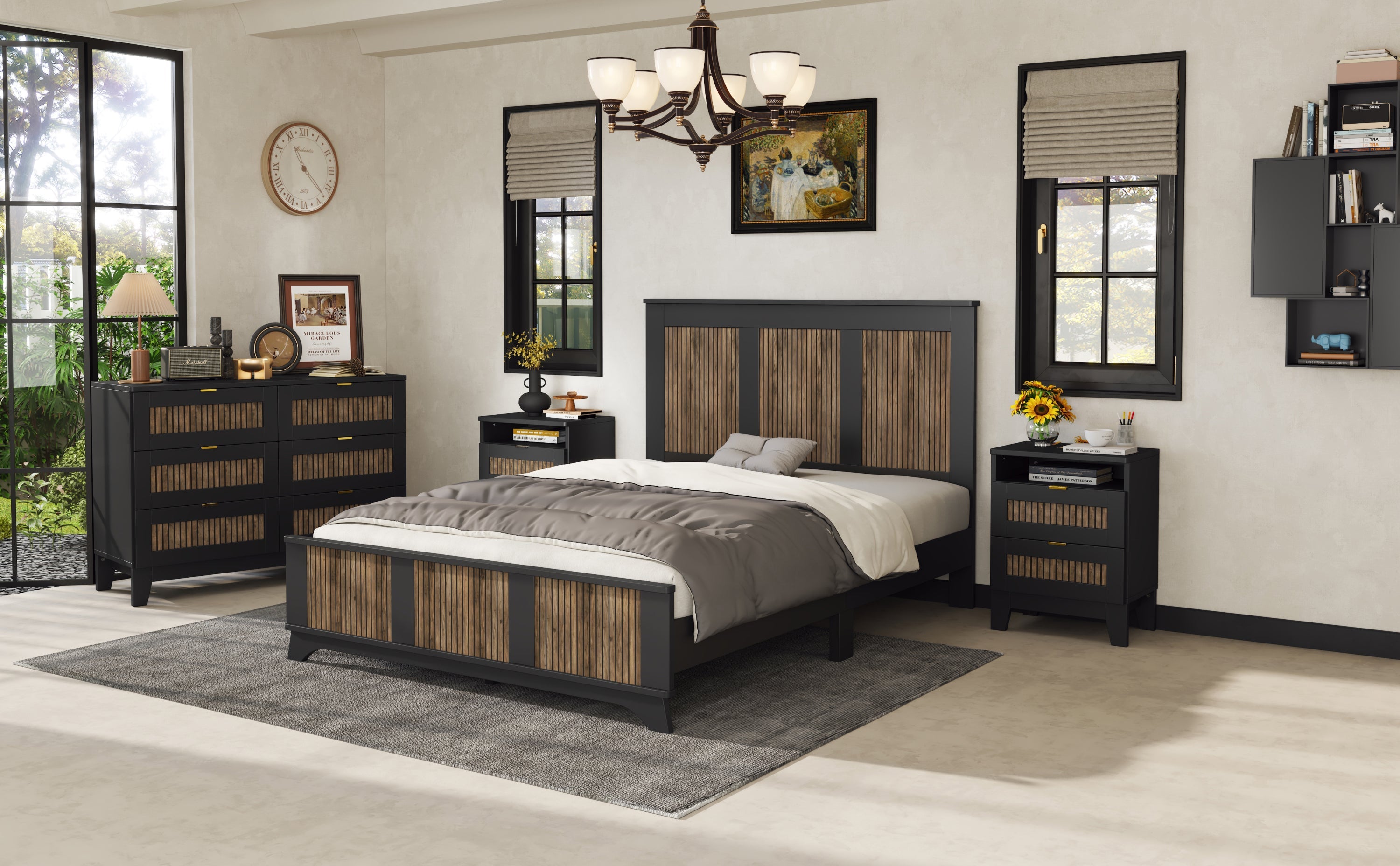 4-Pieces Bedroom Sets, Queen Size Farmhouse Platform Bed with Wooden Strip Stickers Decoration, Storage Nightstand and Dresser with Metal Handle, Black(Old SKU: HL000191AAB)