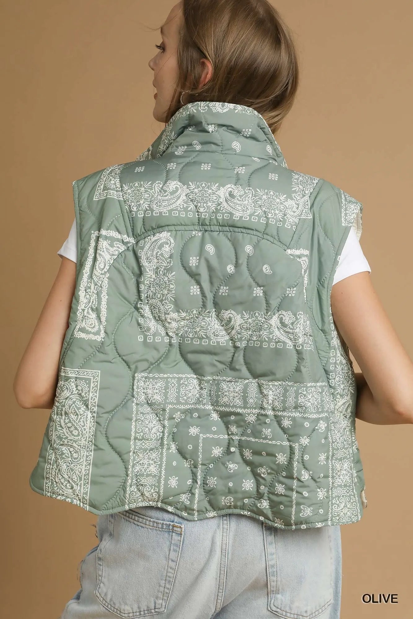 Umgee Bandana Print Quilted Puffer Vest