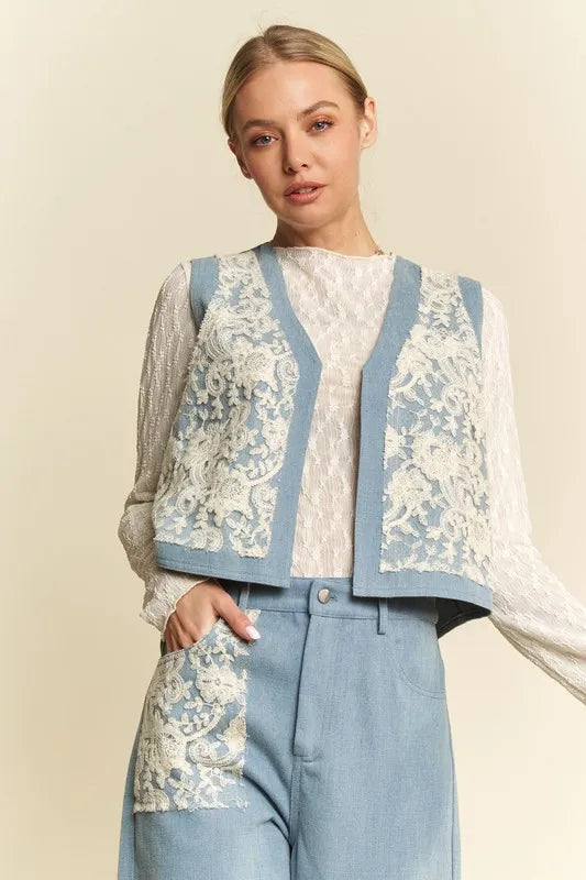 Davi & Dani Lace Patch Open Front Denim Vest