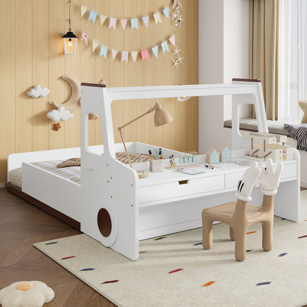 Full Size Floor Bed with Interesting Car-shape Design, Kids Car Floor Bed with Storage Drawers, Window, and Desk, Childlike Design, White