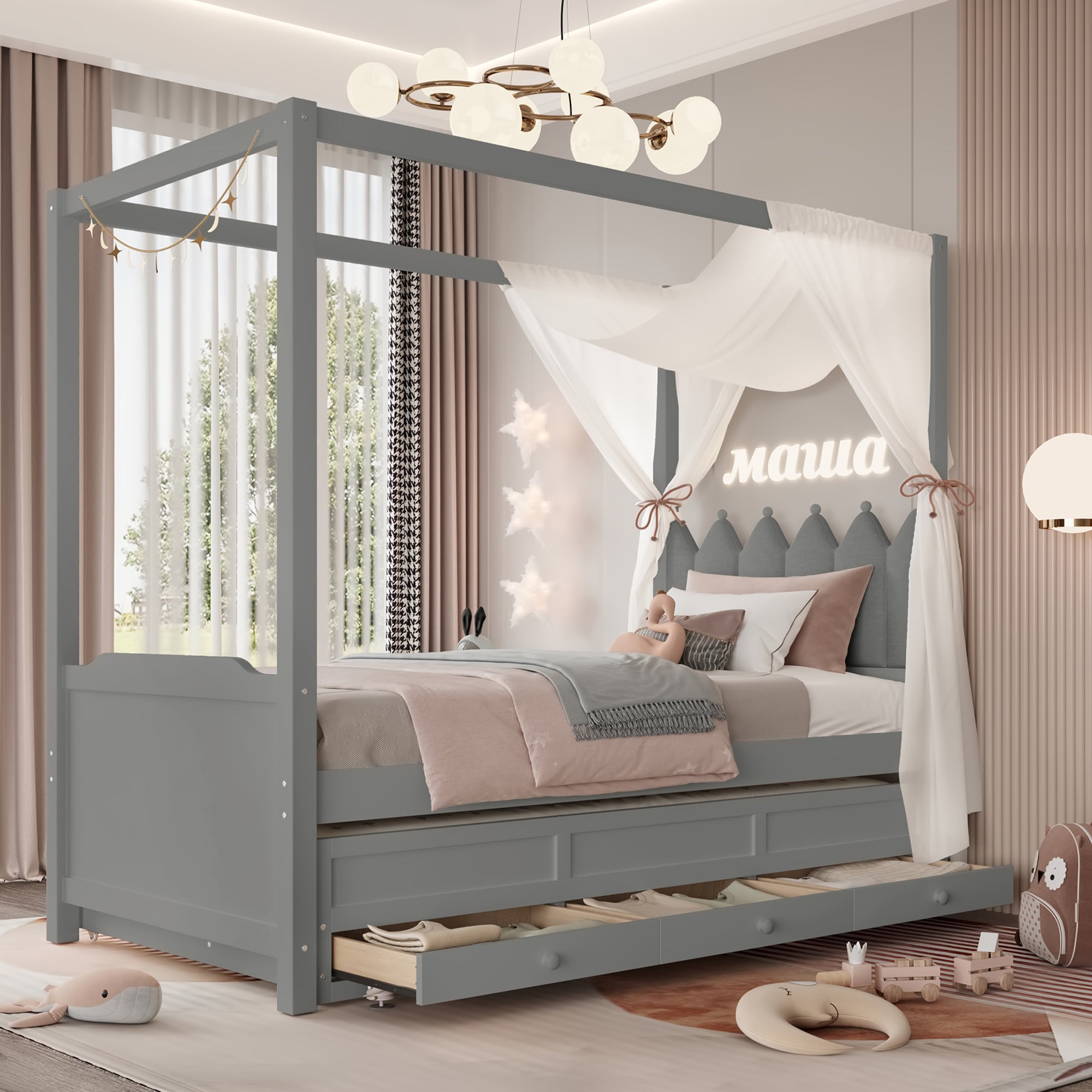 Twin Platform Bed with Upholstered Headboard,Twin Size Trundle and 3 Drawers,Princess Canopy Bed Frame for Kids,Storage & Easy Assembly,Gray