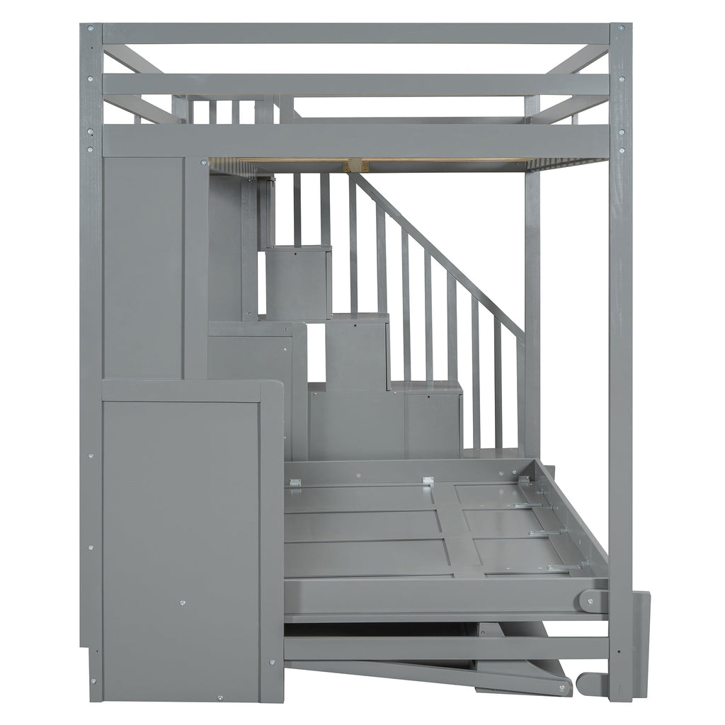 Full Over Full Size Murphy Bed with Hydraulic Lift & Desk Design, Gray