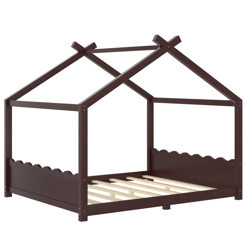 Queen House Floor Bed with Support Slats, Solid Wood House Bed Frame for Kids, No Box Spring Needed and Opening Constructure, Espresso