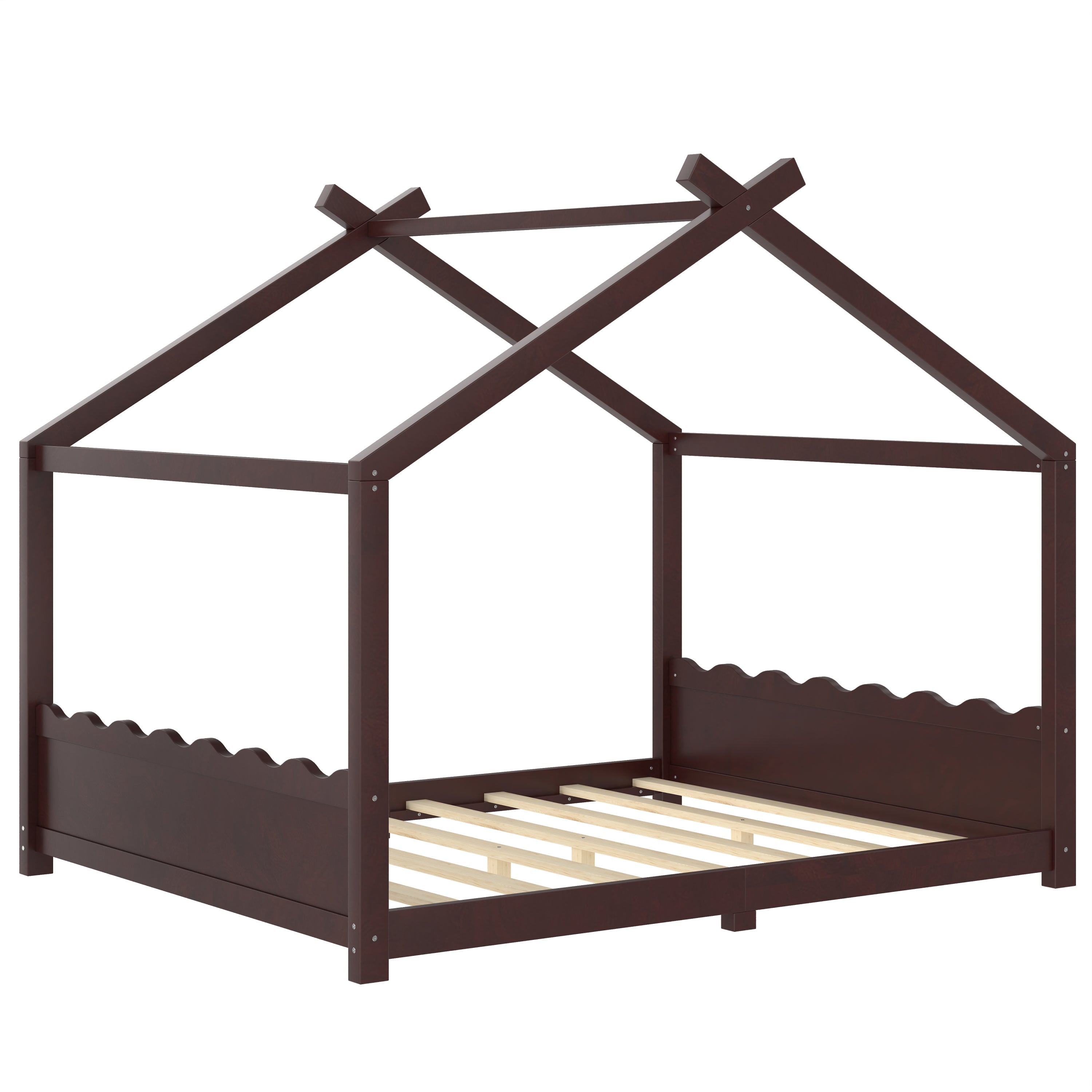 Queen House Floor Bed with Support Slats, Solid Wood House Bed Frame for Kids, No Box Spring Needed and Opening Constructure, Espresso