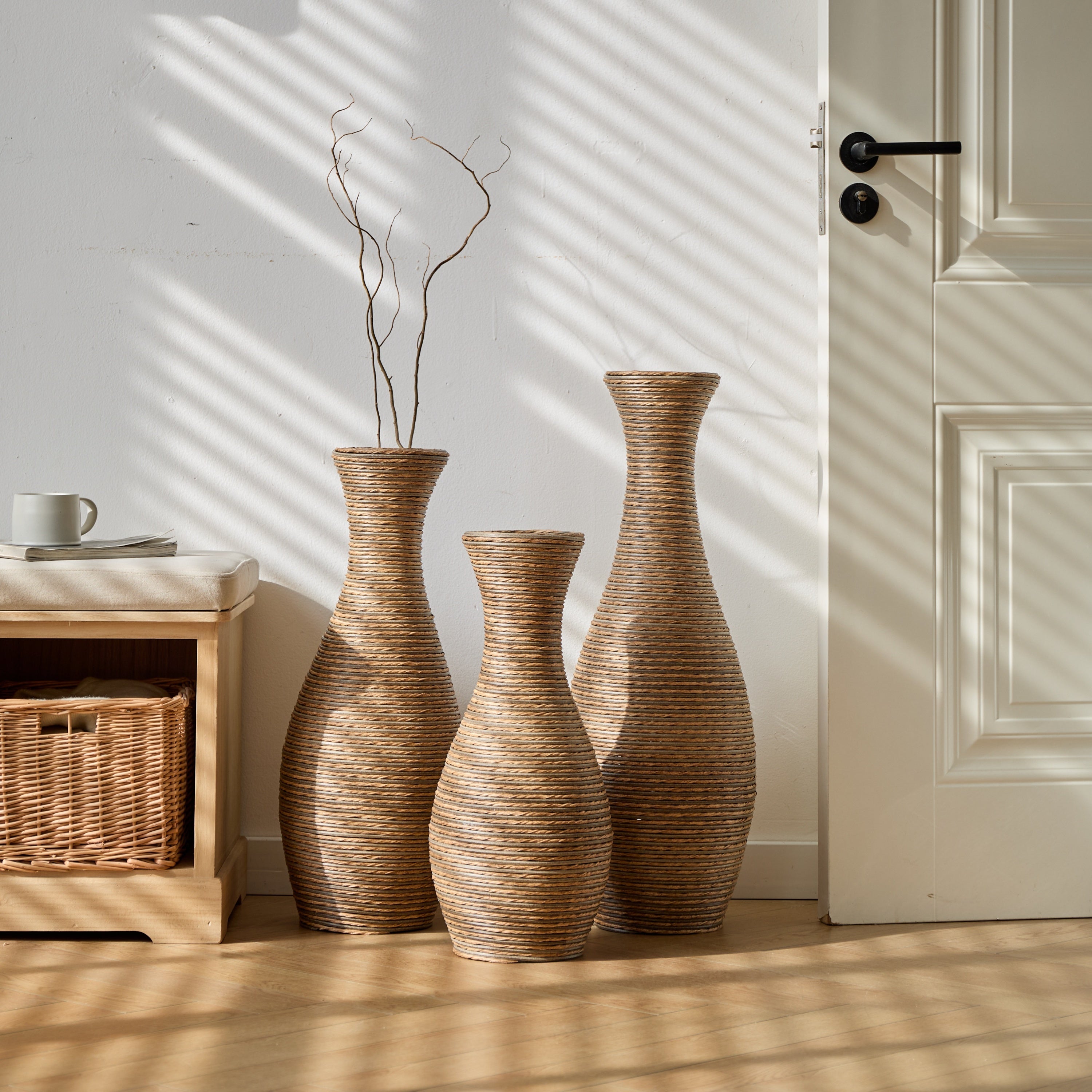 3-Piece Artificial Rattan Floor Vase Set – Decorative Accent for Living Room, Hallway & Entryway, Ideal for Dried or Silk Flower Arrangements, Beige