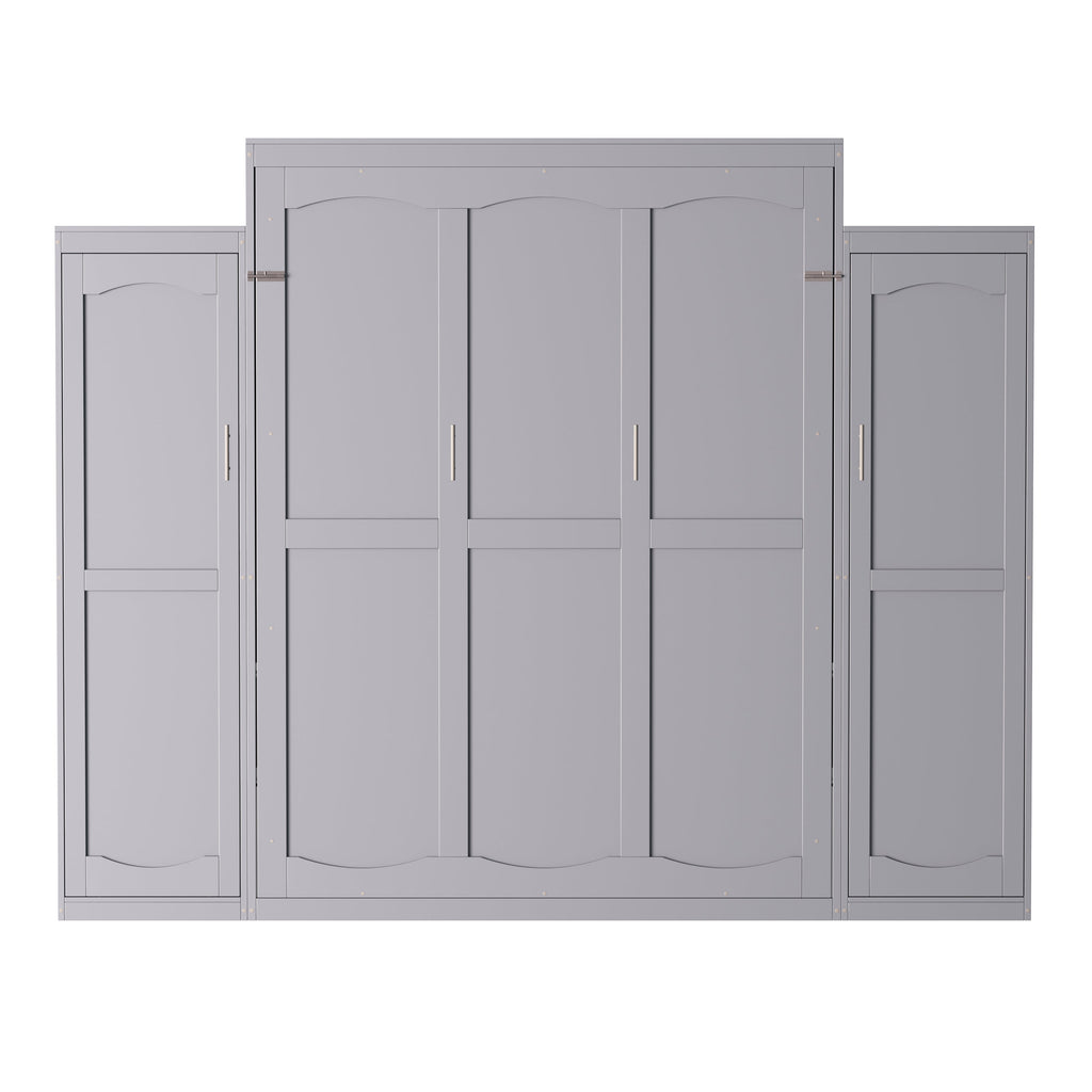 Queen Size Murphy Bed, Wooden Queen Wall Bed with 2 Wardrobe and Storage Shelf, Multifunctional Foldable Platform Bedframe for Guest-Room, Bedroom, Gray