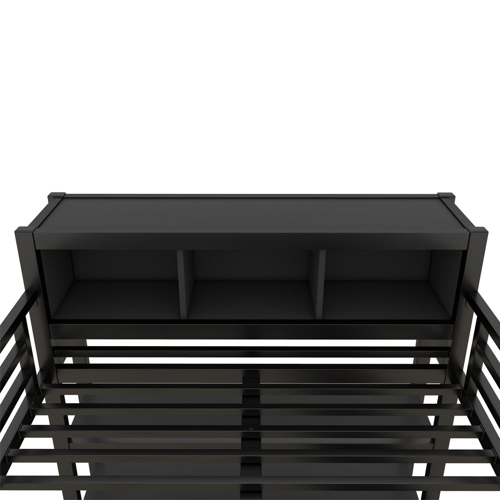 Metal Loft Bed with Wardrobe And L-shaped Desk, Full Size Loft Bed with Storage Cubes and Shelves, Heavy Duty Loft Bed for Kids Teens Adults, Black