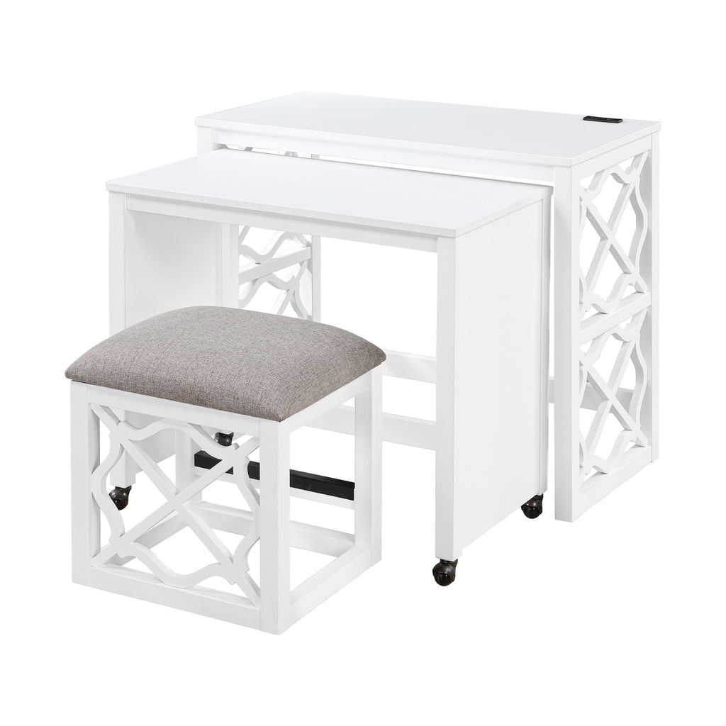 Desks and Stool Set 3pc White Finish Rolling Desk with Casters, 2 Charging ports Home Office Furniture