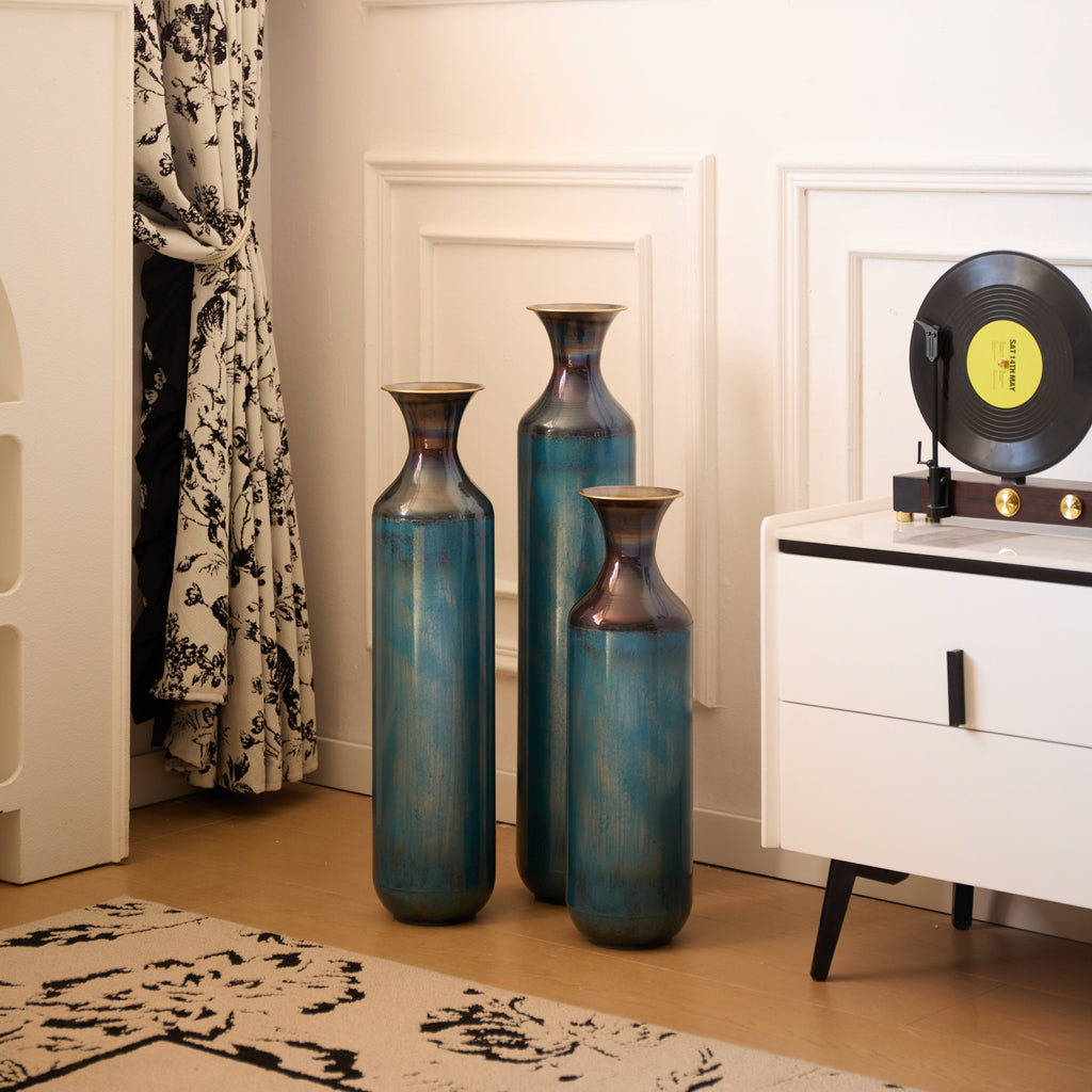 Modern Droplet-Shaped Floor Vase Set – Aqua Blue Glazed Metal Decorative Vases – 3-Piece Home Decor in 20.4 In, 24.4 In & 28.34 In Heights