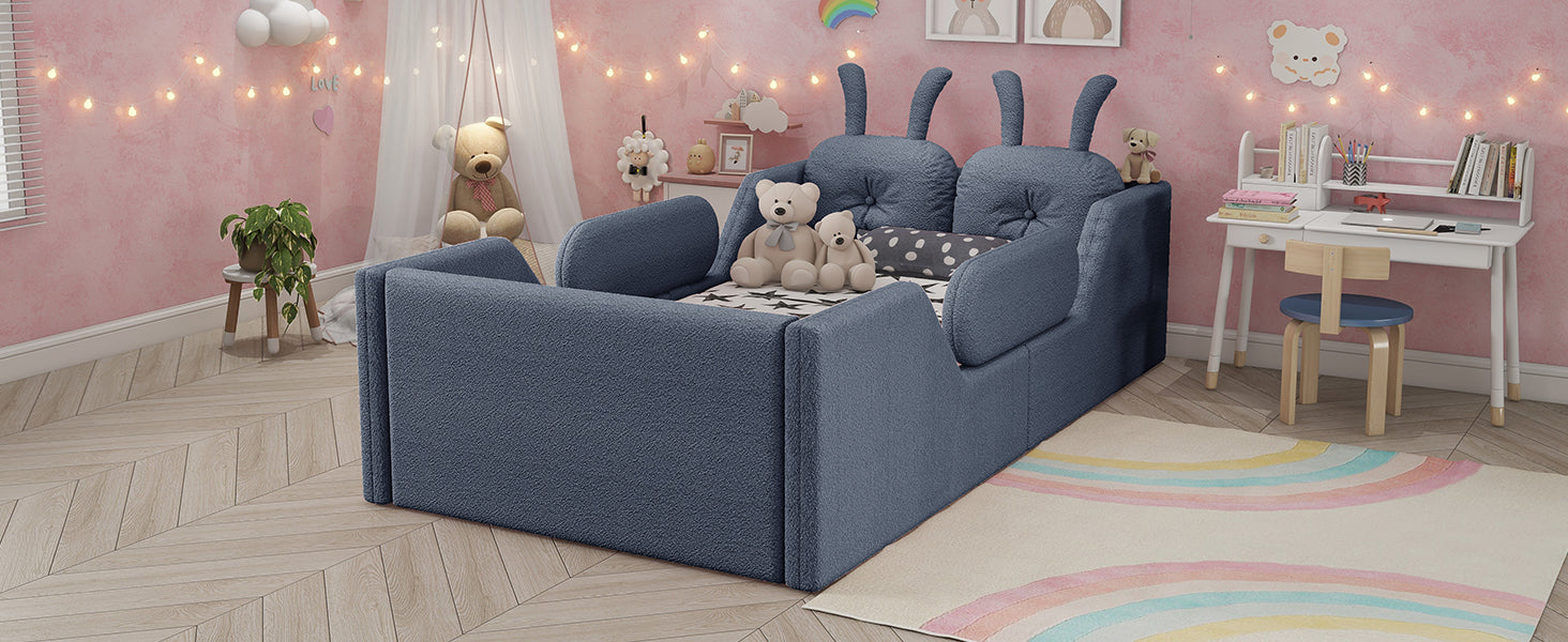 Twin Size Upholstered Platform Bed with Rabbit Cushion, Kids Floor Upholstered Bed with Removable Side Rails, Gray(Expect Arrival Date 2025/1/15)