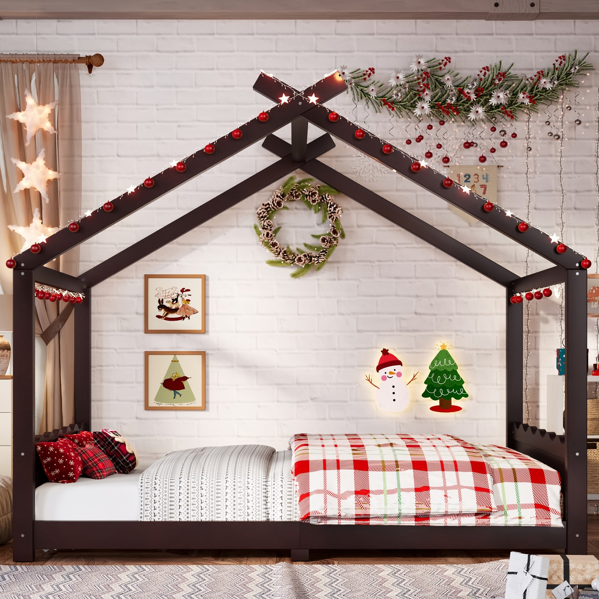 Full House Floor Bed with Support Slats, Solid Wood House Bed Frame for Kids, No Box Spring Needed and Opening Constructure, Espresso