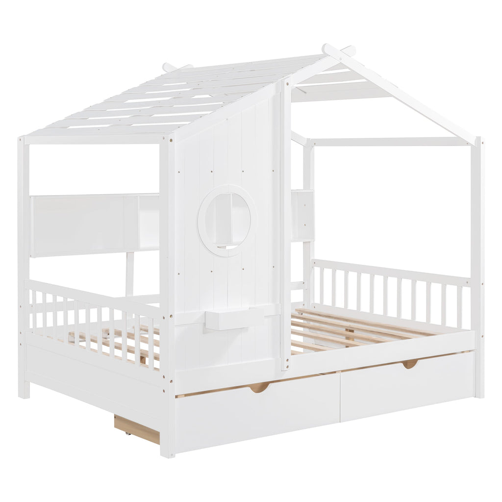Wooden Full Size House Bed with 2 Drawers,Kids Bed with Storage Shelf, White(Old SKU: HL000052AAK)