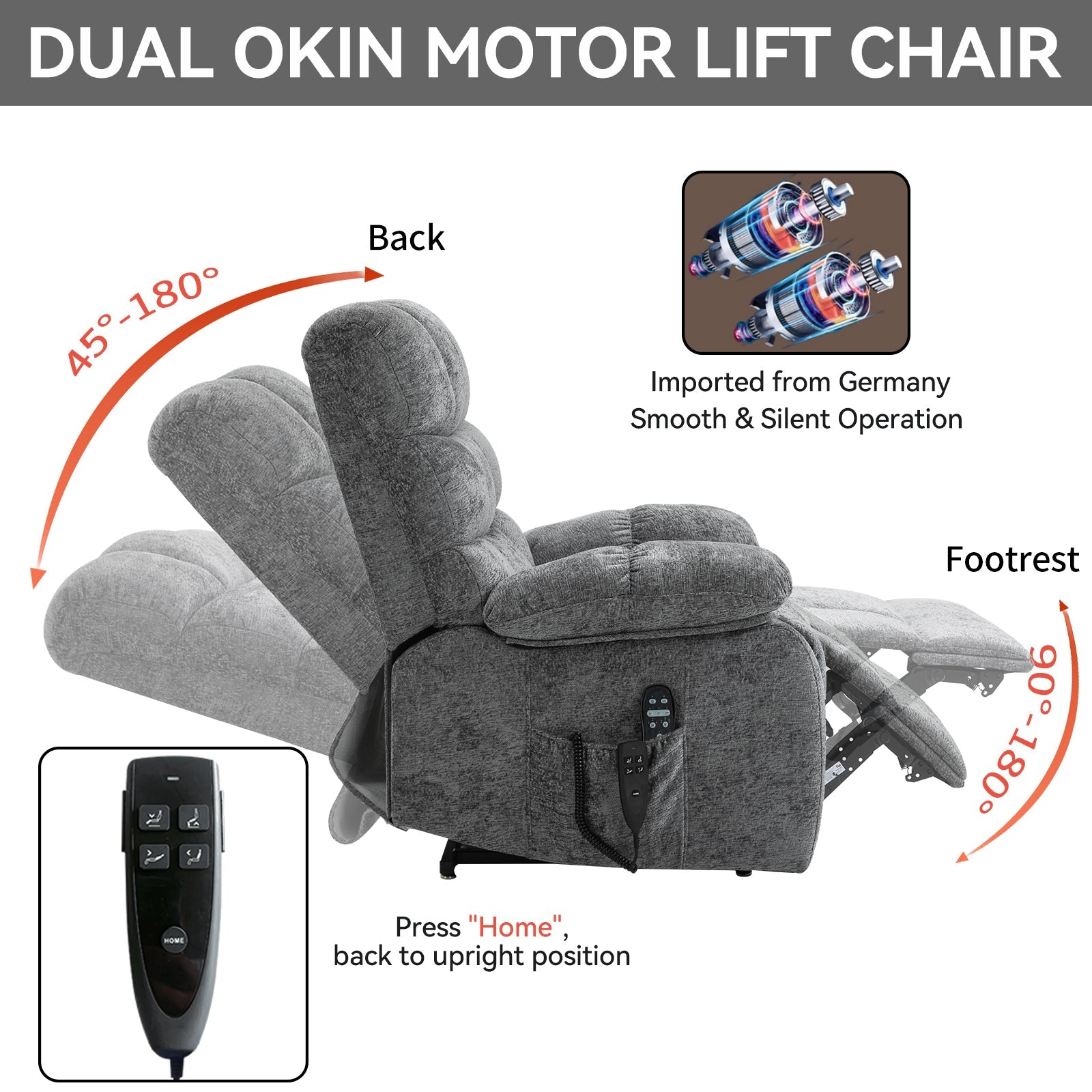 Lift Recliner Chair Heat Massage Dual Motor Infinite Position Up to 350 LBS Large Electric Power Lift Recliners with Power-Remote, Medium-firm and Heavy duty, Grey