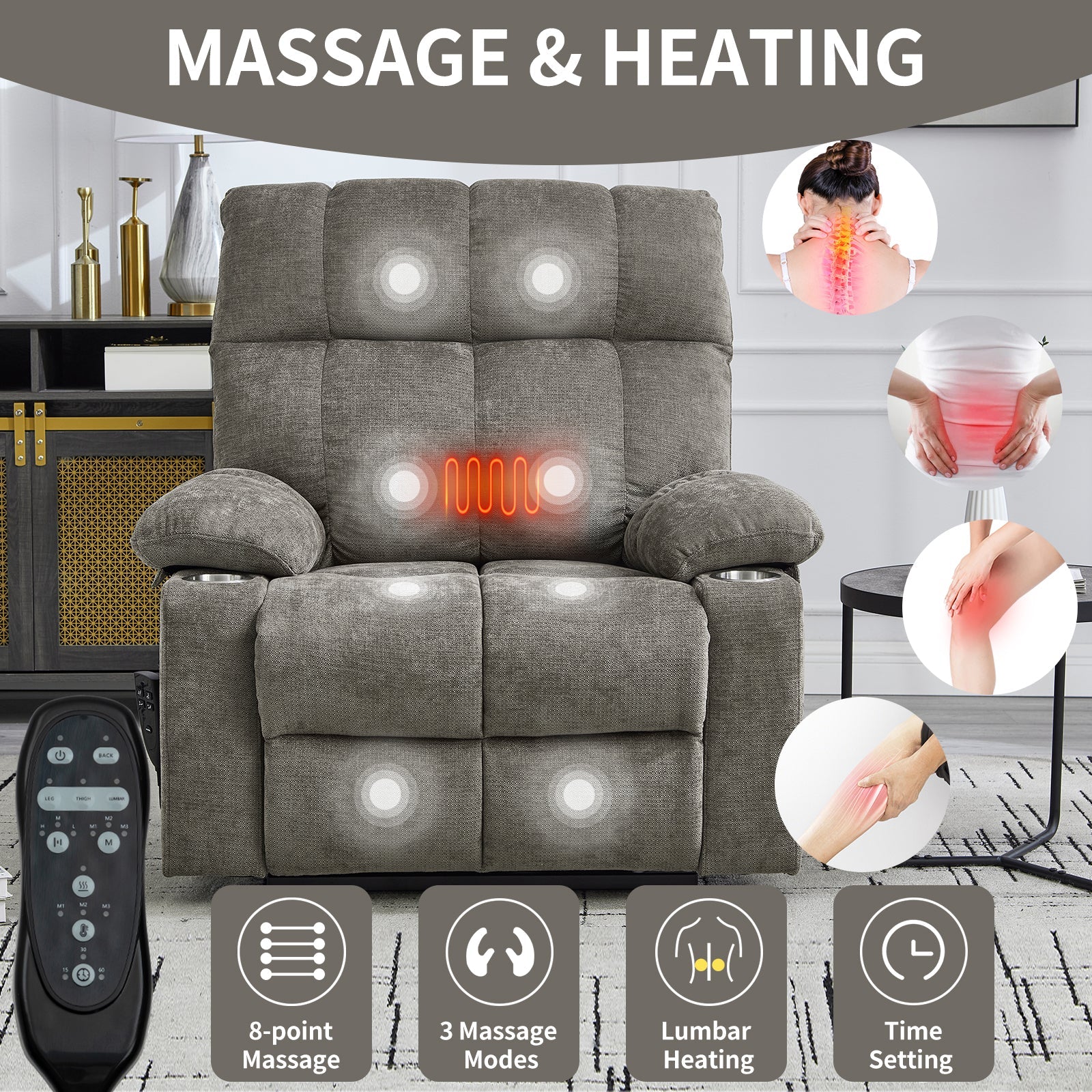 Brown Dual Motor Infinite Position Up to 350 LBS Chenille Power Lift Recliner Chair, Heavy Duty Motion Mechanism with 8-Point Vibration Massage and Lumbar Heating, Dual Cup Holders