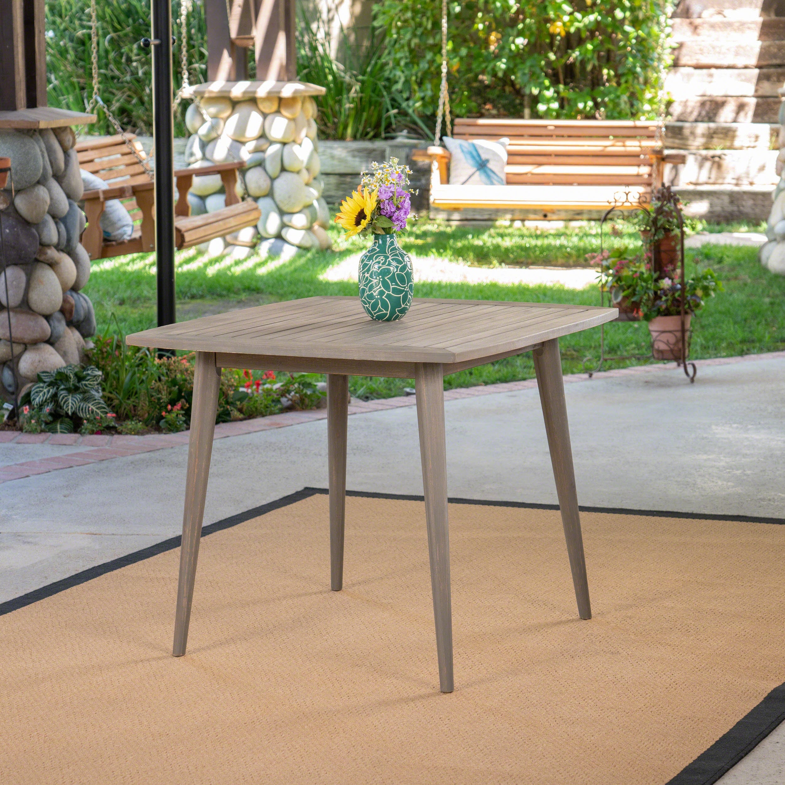 Modern Outdoor Square Acacia Wood Table with Straight Legs, Gray Finish, 35.5 x 35.5 x 30 Inches