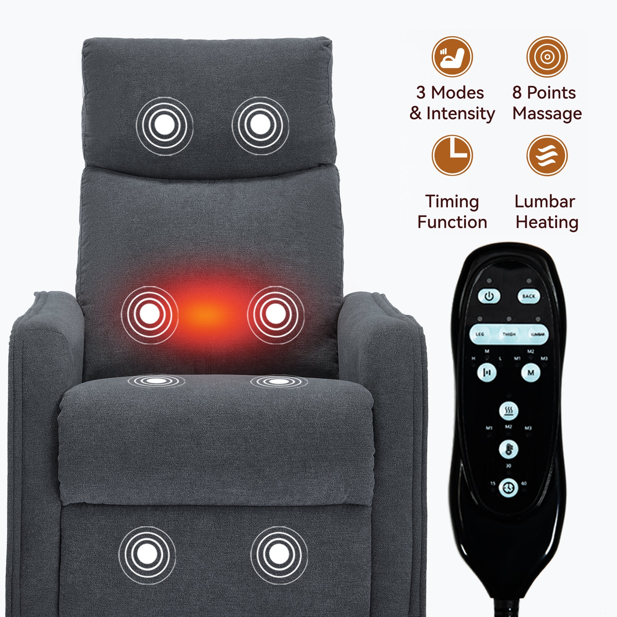 Heat Massage Manual Recliner Chair with Rocker and Swivel in Fabric for Living Room, Grey