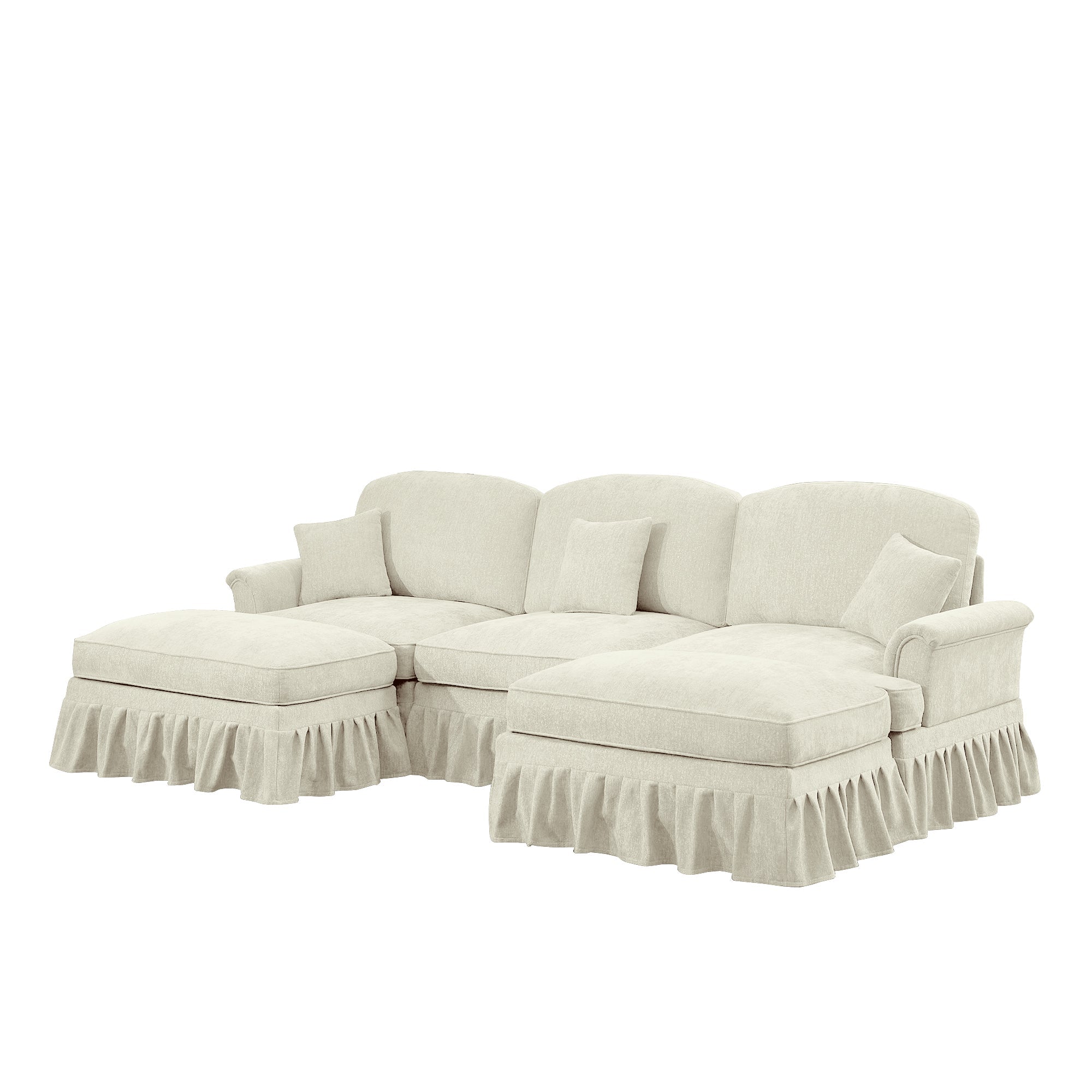 Classic Comfy Modular U Shape Sectional Sofa Couch with Flared Arms and Removable Ruffles Pleats Skirts and Spindle Legs, Upholstered Chenille Deep Seat Cloud Sofa with Movable Ottomans, Beige White